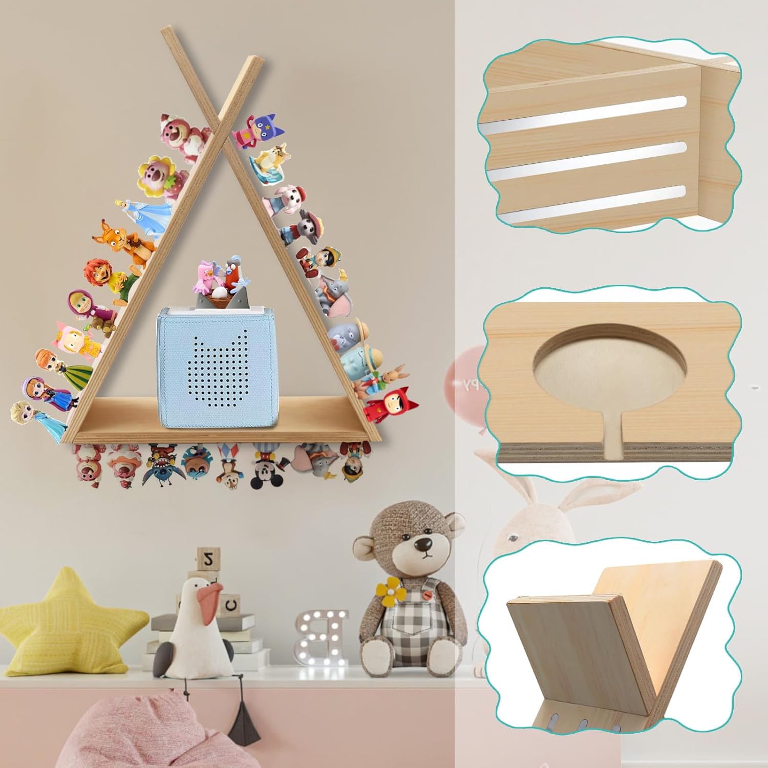 Tonie Shelf for Toniebox and Tonie Figures Triangle Wall Mounted or Desk Magnetic Wooden Shelves Storage Rack for Kids Play Room