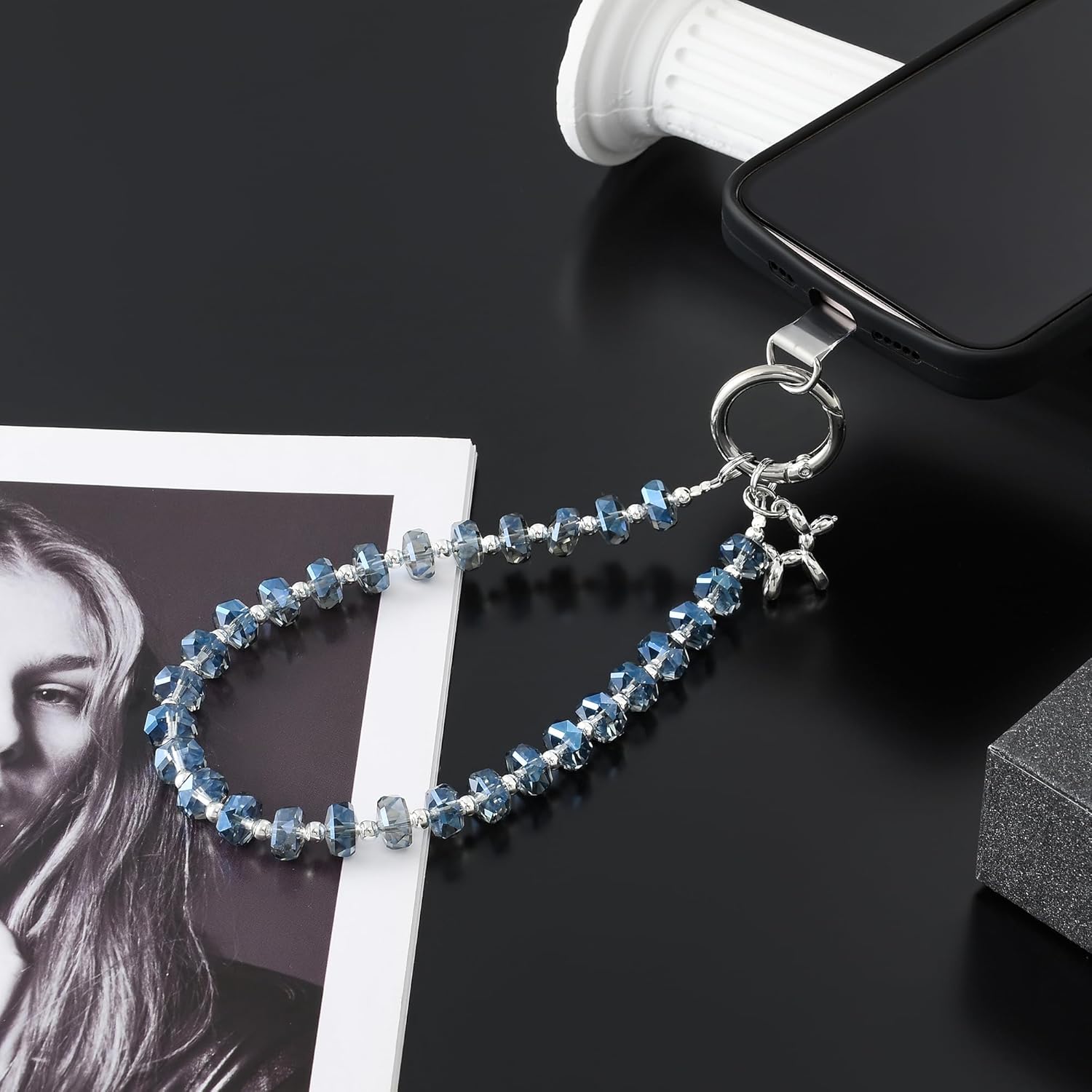 Crystal Phone Wrist Strap Phone Charm Chain Keychain Beaded Cellphone Lanyard with Tether Tab Hands-Free Wristlet Bracelet Wrist Grip Strap for Women, W-Blue - Image 3
