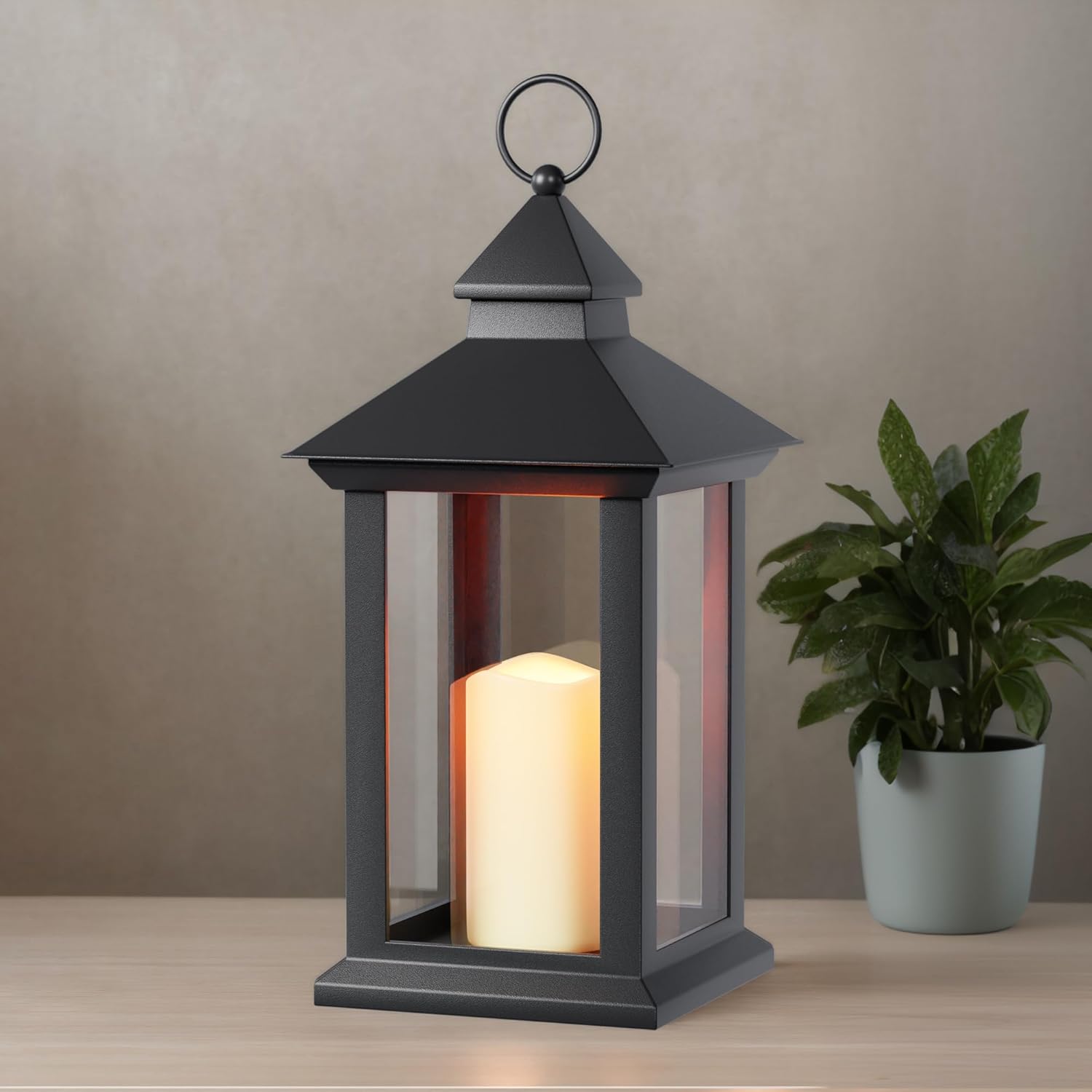 JOHUNT Vintage Black Flameless Candle Lantern with Timer - 14" Waterproof Hanging LED Lantern for Porch, Patio, Wedding Decor