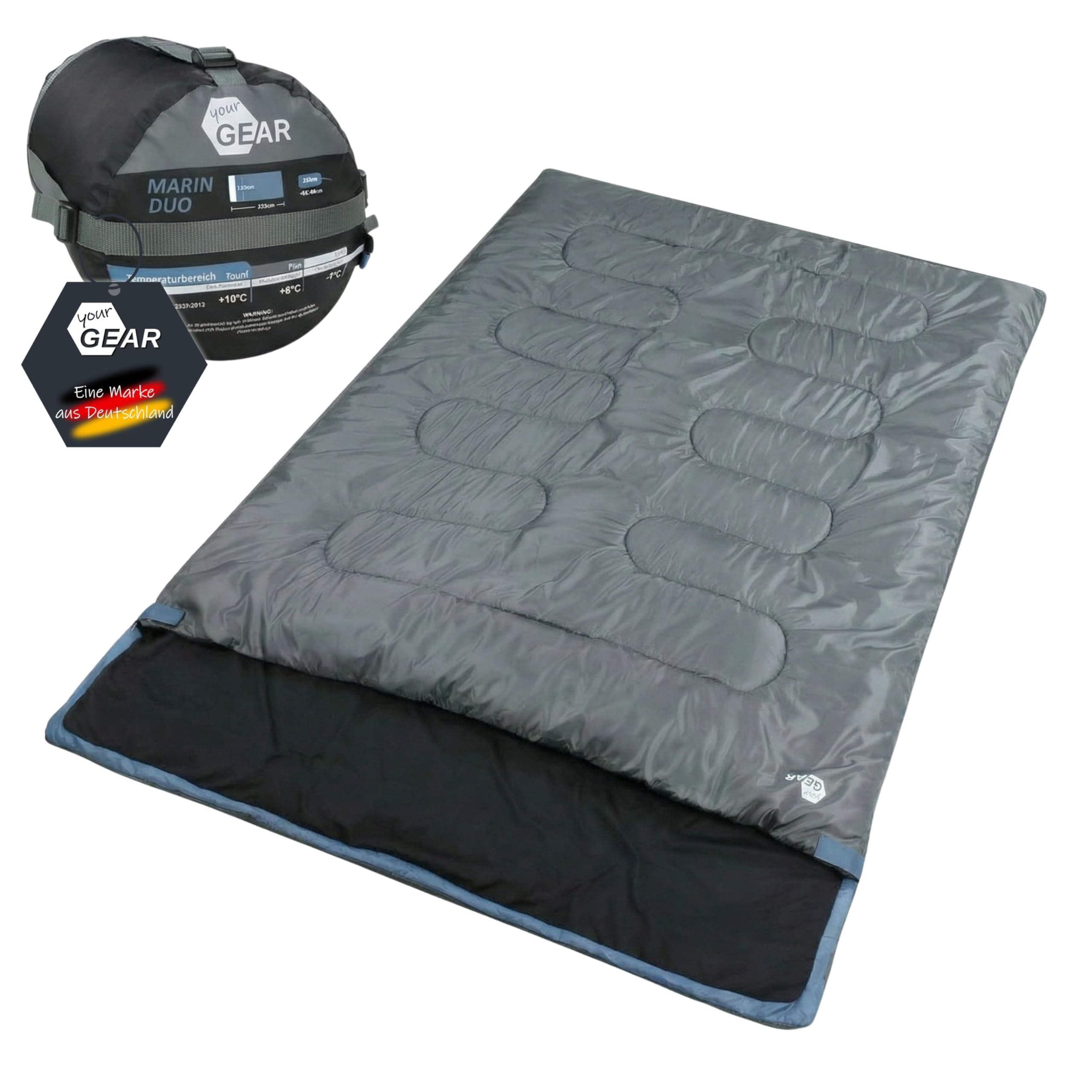 your GEAR Sac de couchage double Marin - XXL - Pour 2 personnes - 220 x 150 cm - Divisible en 2 sacs de couchage individuels - Sac de couchage de camping 3 saisons - Confort +11 °C/extrême -7 °C