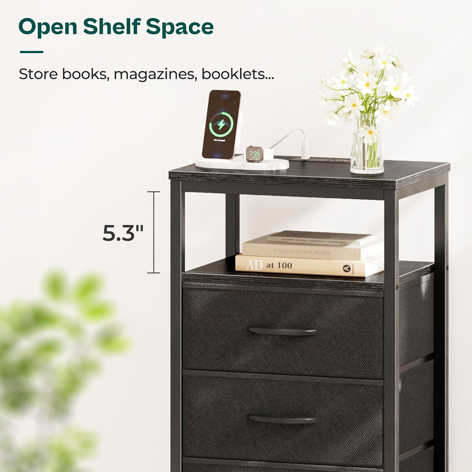 Huuger Nightstand with Charging Station, 27.6 Inch Side Table with Fabric Drawers, End Table Bedside Table with USB Ports and Outlets, Night Stand for Bedroom, Black - Image 6