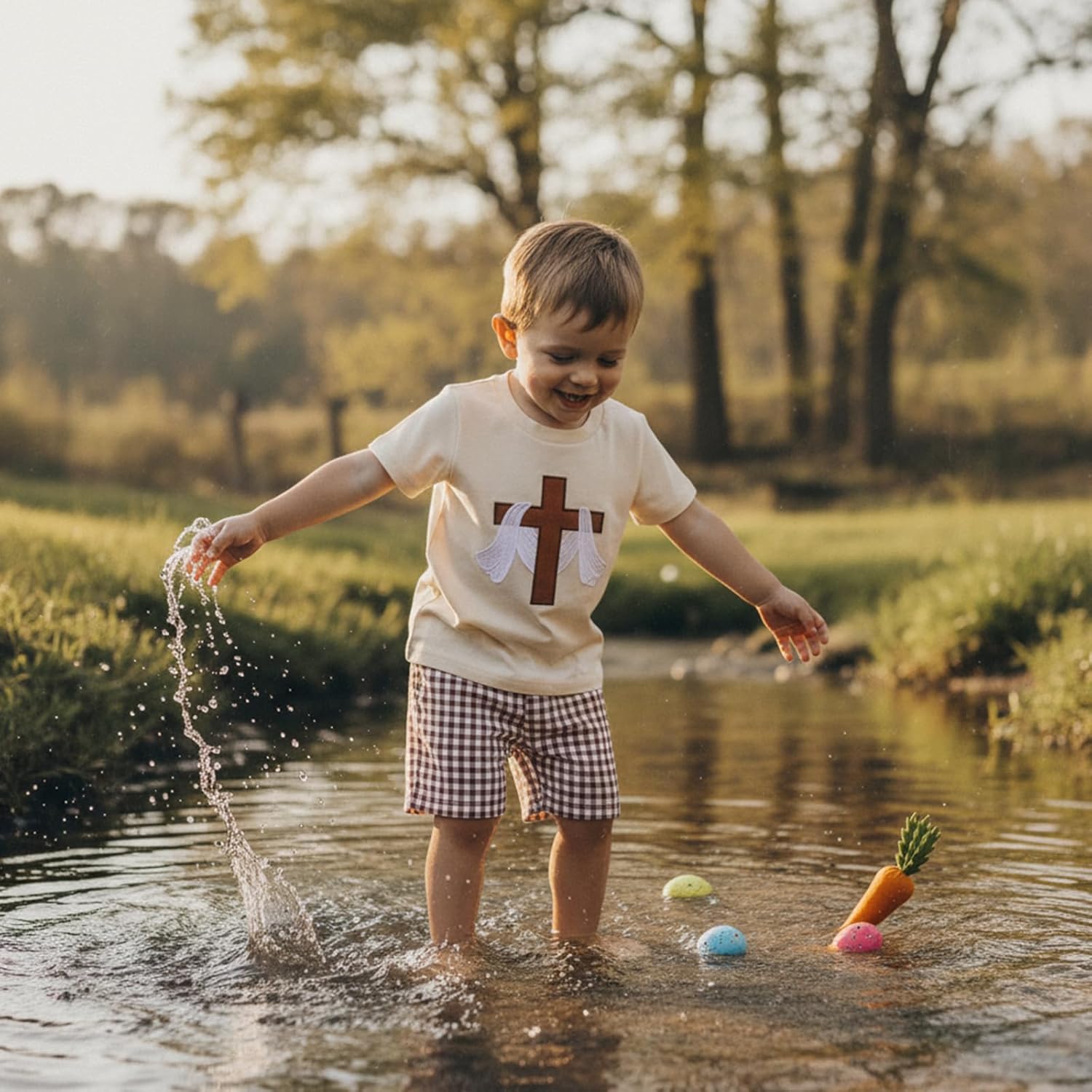 Karuedoo Toddler Baby Boys Easter Outfits Cross Embroidered Crew Neck Short Sleeve Tops with Plaid Shorts 2 Pcs Sets - Image 4