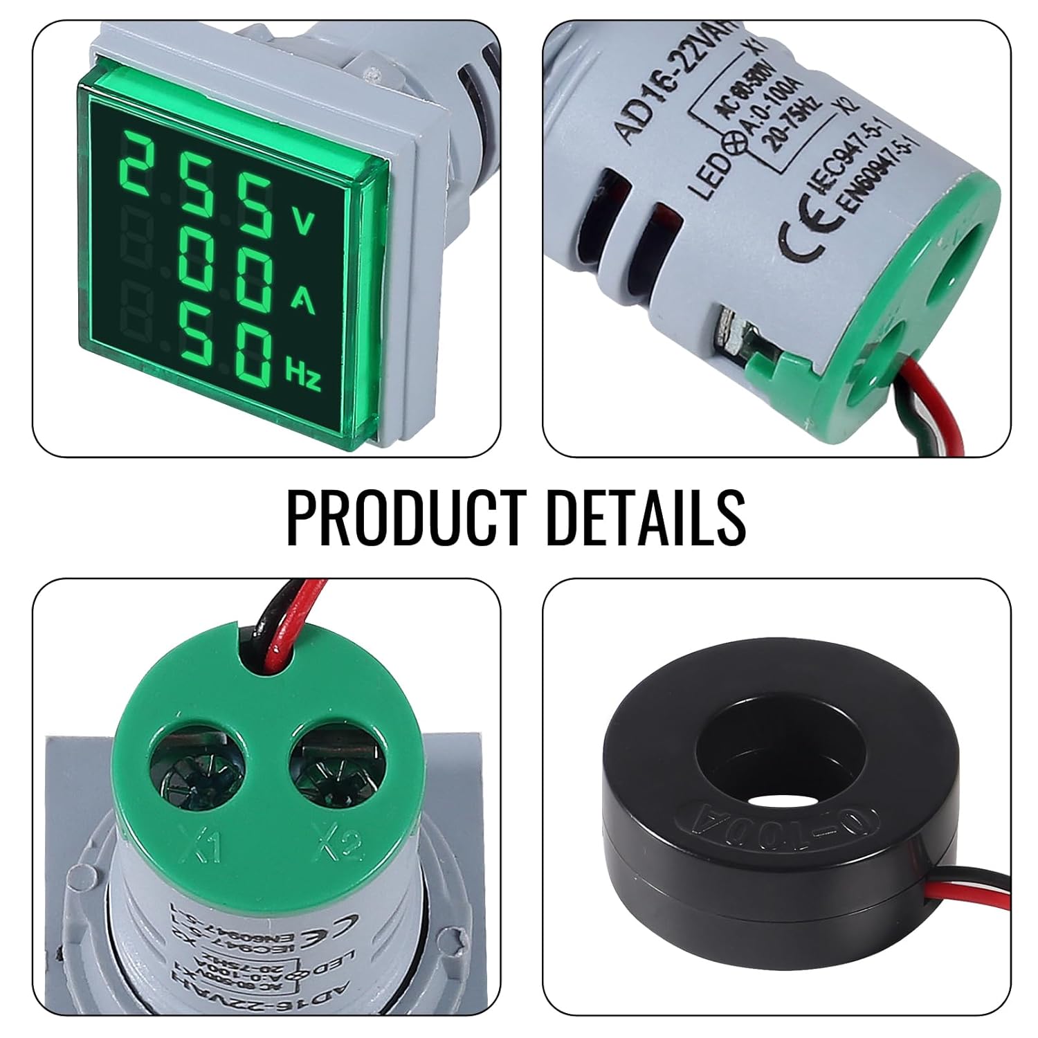 3pcs 3 in 1 60-500V 0-100A AC Digital Ammeter Voltmeter, 22mm Square Digital Tube Screen with Transformer, LED Display Voltage Detector Current Tester Gauge(Green)