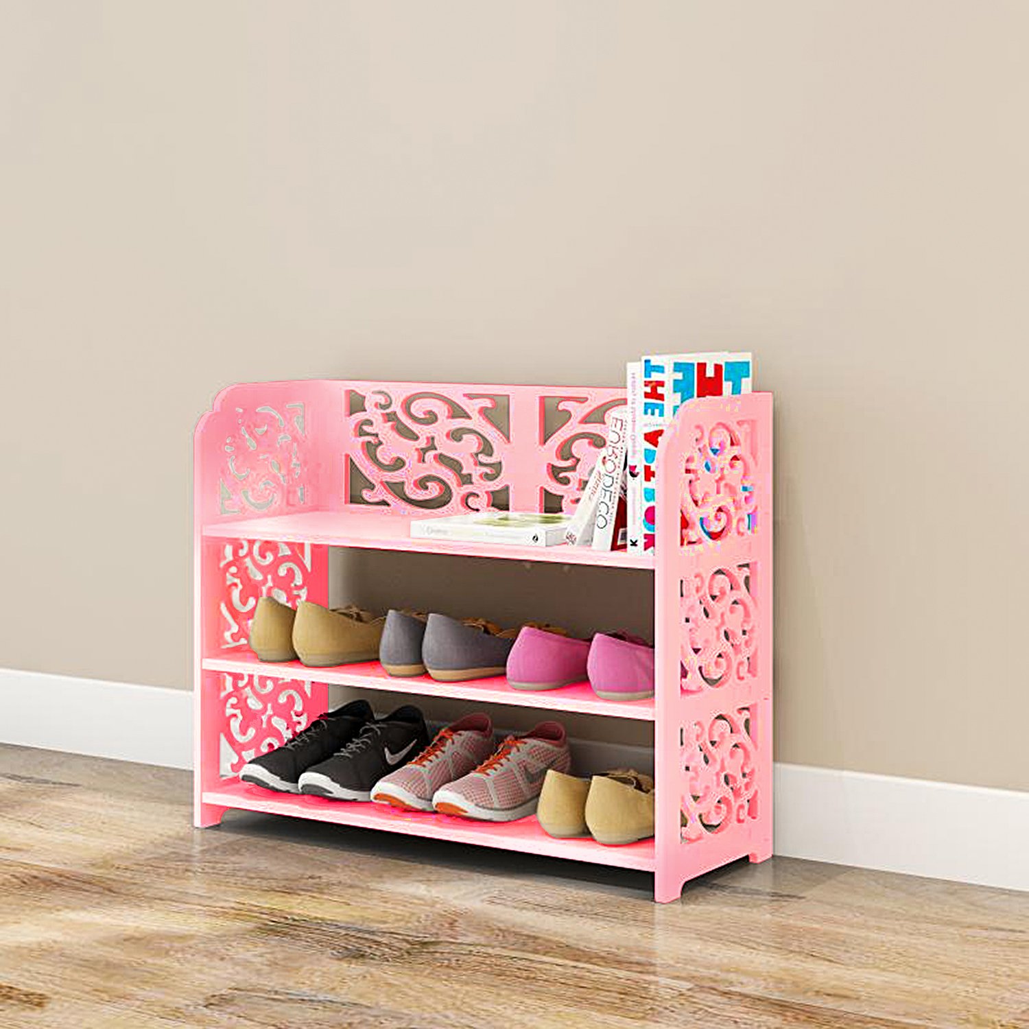 Jerry & Maggie - 3 Tier WPC Shoe Rack/Shoe Storage Stackable Shelves Free Standing Shoe Racks - Wide | Pink
