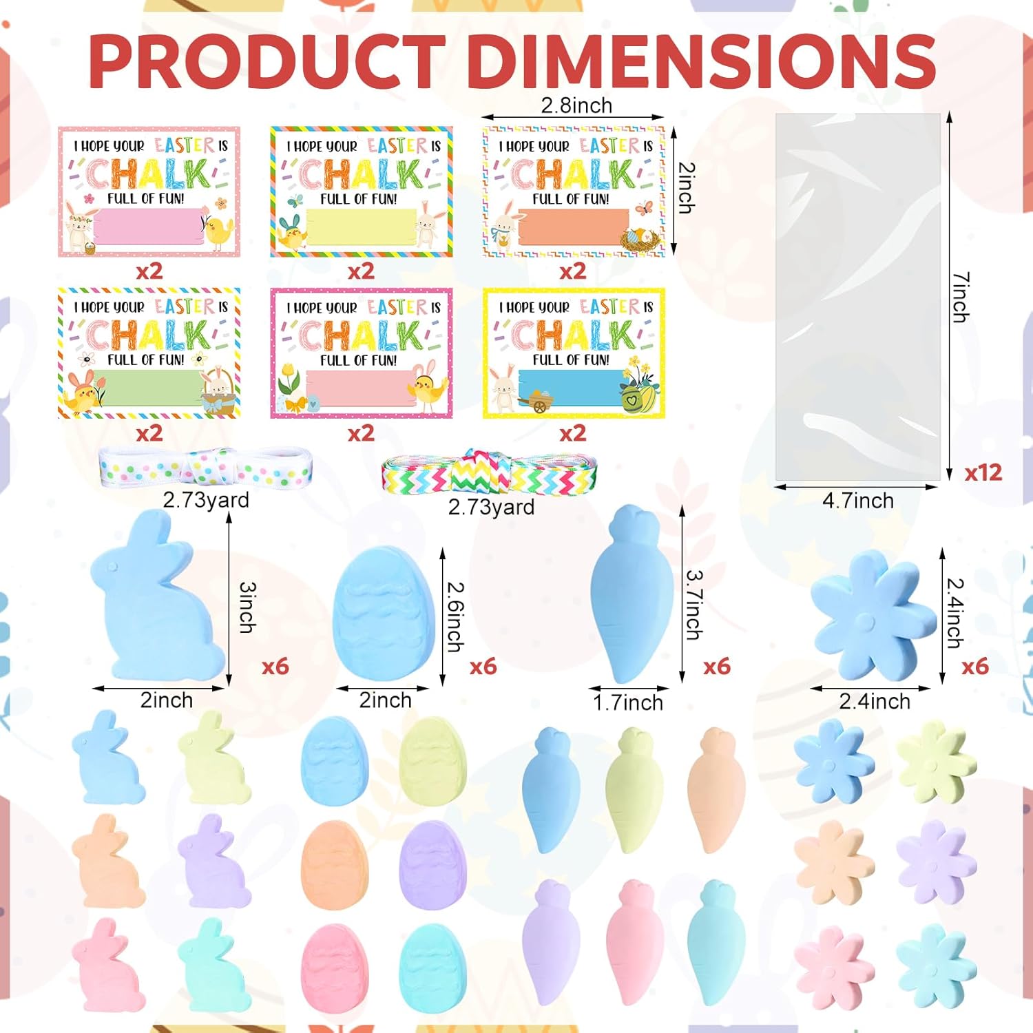 50 Pcs Easter Sidewalk Chalk Set, 24 Washable Non-toxic Colored Chalk with 12 Cards 12 Bags 2 Ribbon Rolls for Gifts Easter Egg Hunt Outdoor Games