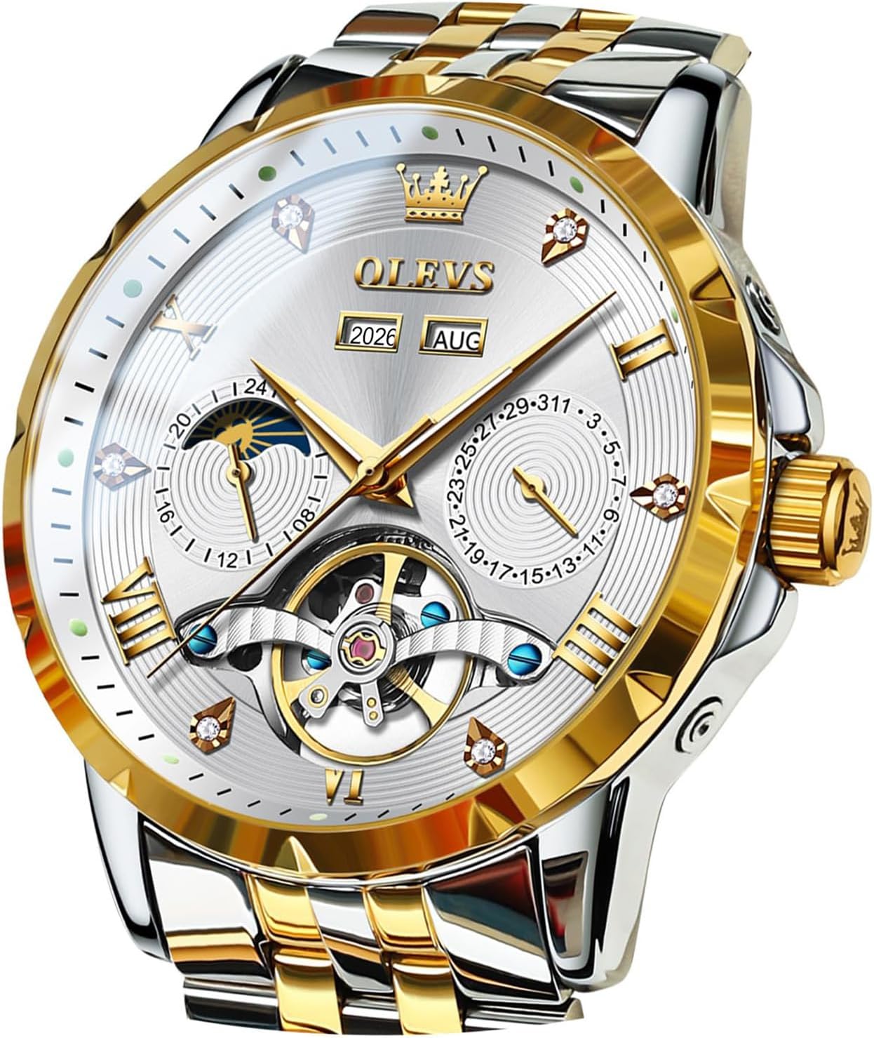 OLEVS Men Automatic Watch Skeleton Mechanical Classic Luxury Business Diamond Stainless Steel Waterproof Luminous Date Calendar Wrist Watches for Men