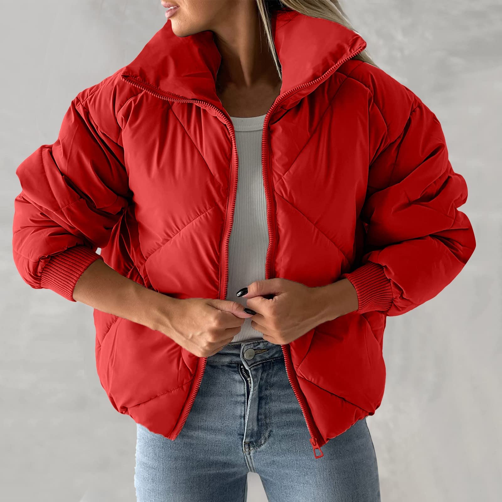 Chaqueta Mujer Abrigo Entretiempo Invierno Cazadora Plumiferos，Chaqueta acolchada con cremallera y bolsillos para mujer Abrigo corto burbuja de manga larga