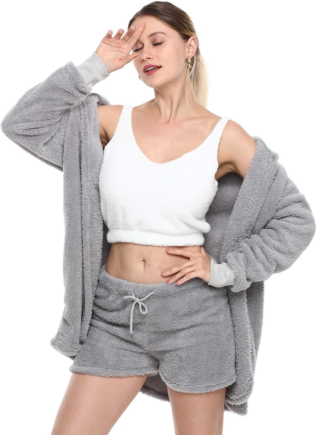 VNVNE Womens Sexy Fuzzy Warm Sherpa Fleece 3 Piece Outfit Fleece Coat Jacket Outwear and Spaghetti Strap Crop Top Shorts Set - Image 4