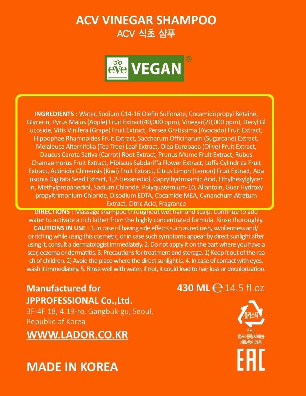 LA'DOR LADOR Apple Cider Vinegar Clarifying Shampoo w/Tea Tree Sub-Acidic pH-balanced - Glossy Shine Refreshing for Greasy Dandruff Oily Scalp Hair Free of Silicone Paraben Sulfate 14.5 Fl Oz Korean - Image 9