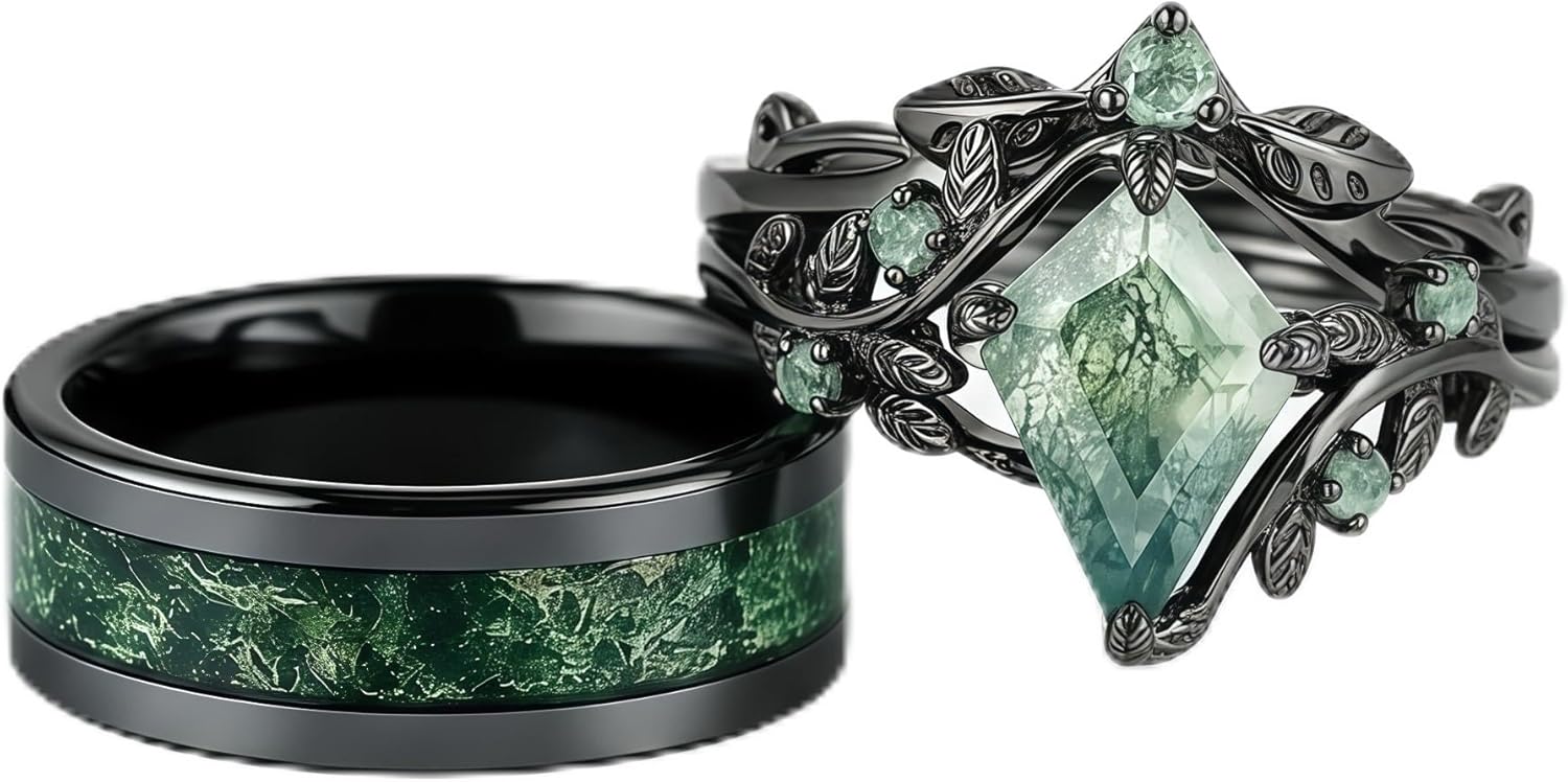 Natural Moss Agate Couple Rings, Dainty Leaf Art Deco Customized Engagement Wedding Promise Ring Set, s925 Sterling Silver Kite Cut/Pear Cut His And Hers Rings 8MM Wedding Band