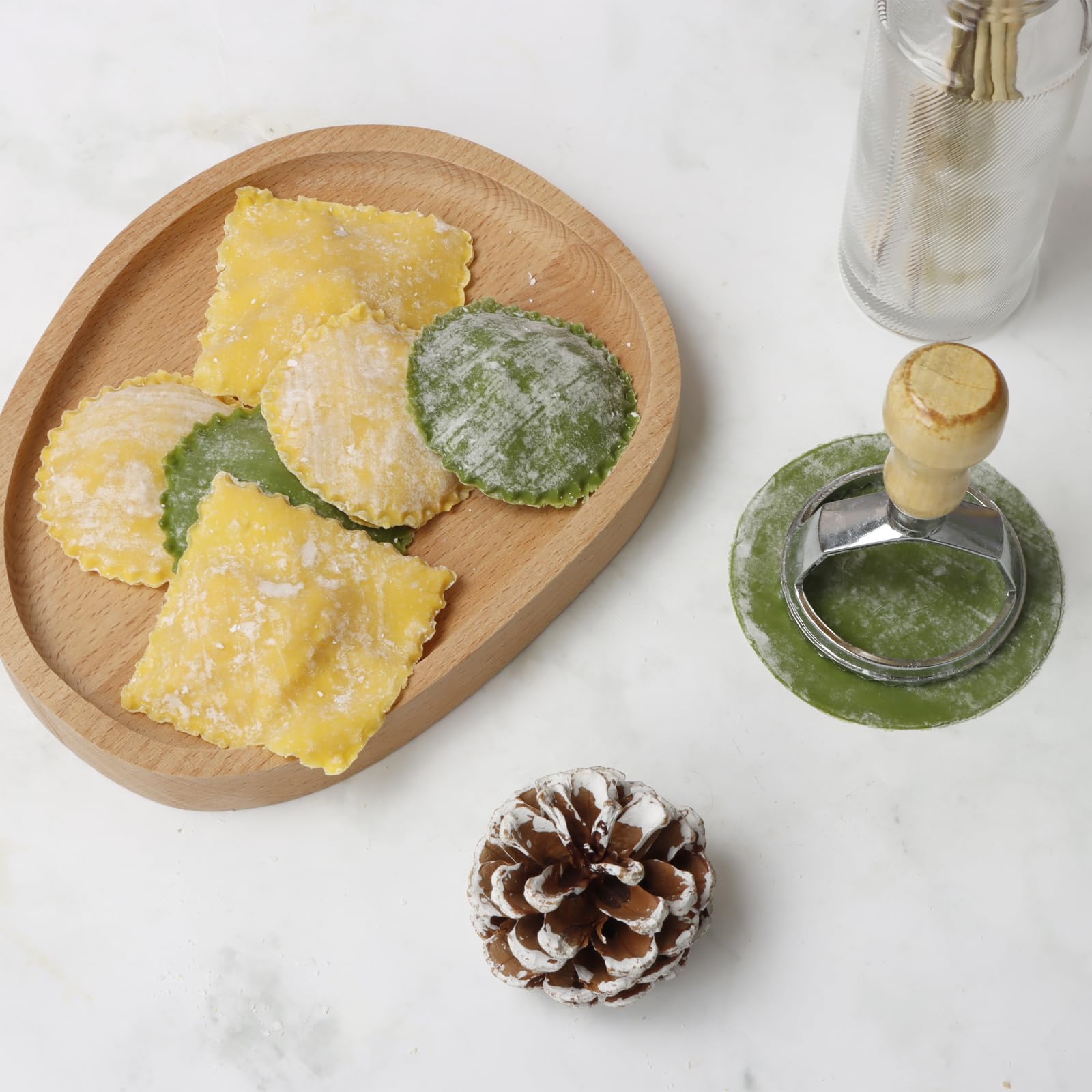 Ravioli - Cortador de sellos con juego de ruedas de rodillo, molde con mango de madera y borde estriado, accesorio de cocina para prensa de pasta, juego de 4