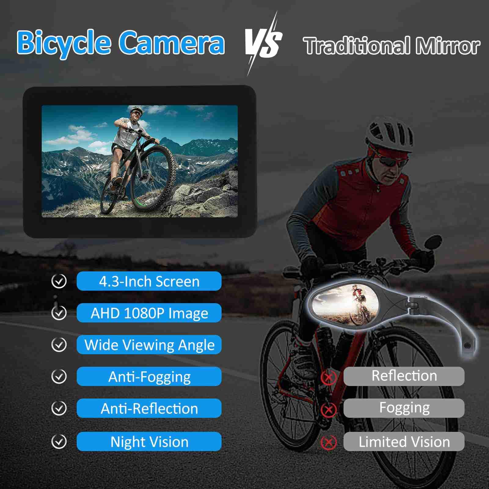 Rowerowa Kamera Tylna, Lusterko Rowerowe 4,3 Cala HD 1080 P, Akumulator 5000 MAh, Lustrzanka Rowerowa do Rowerów, Rowerów Górskich, Szosowych