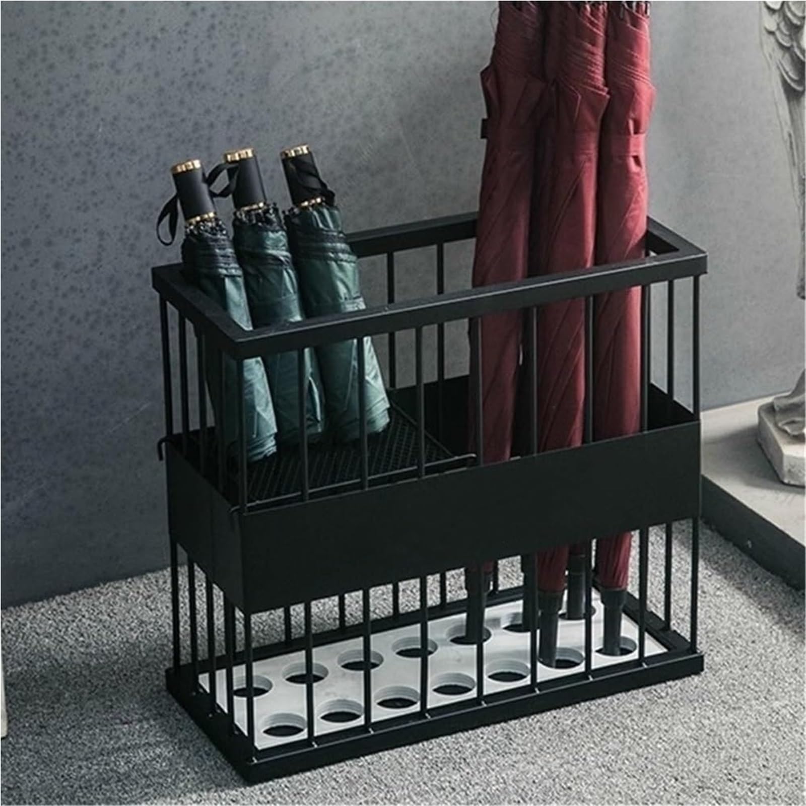 Porte-parapluies à double compartiment pour stopper les sols mouillés et encombrés en hiver