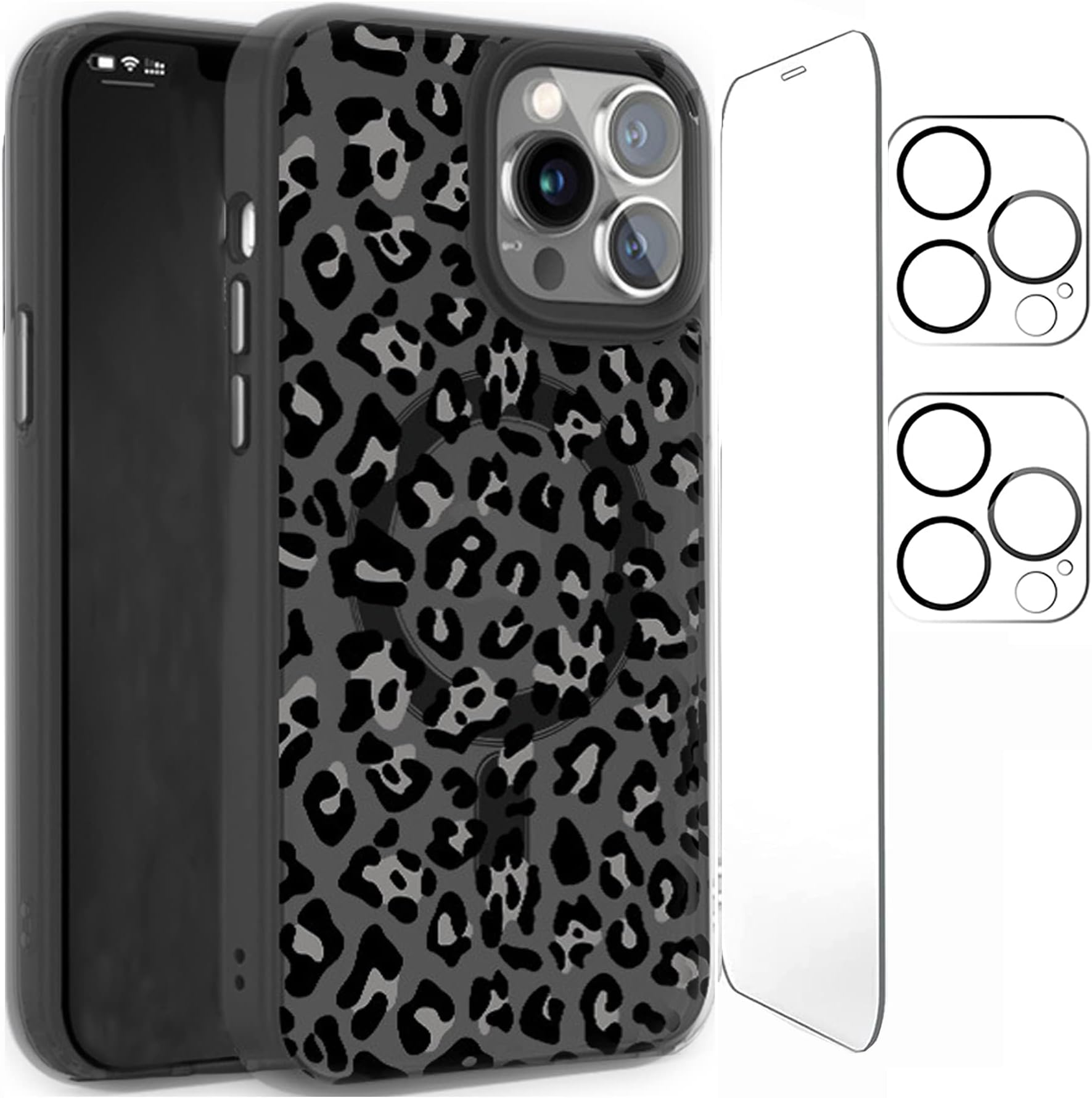 XUNQIANMagnetic Case for iPhone Compatible with MagSafe Shockproof Leopard Protective Cover with Screen Protector and 2 Camera Lens Protector