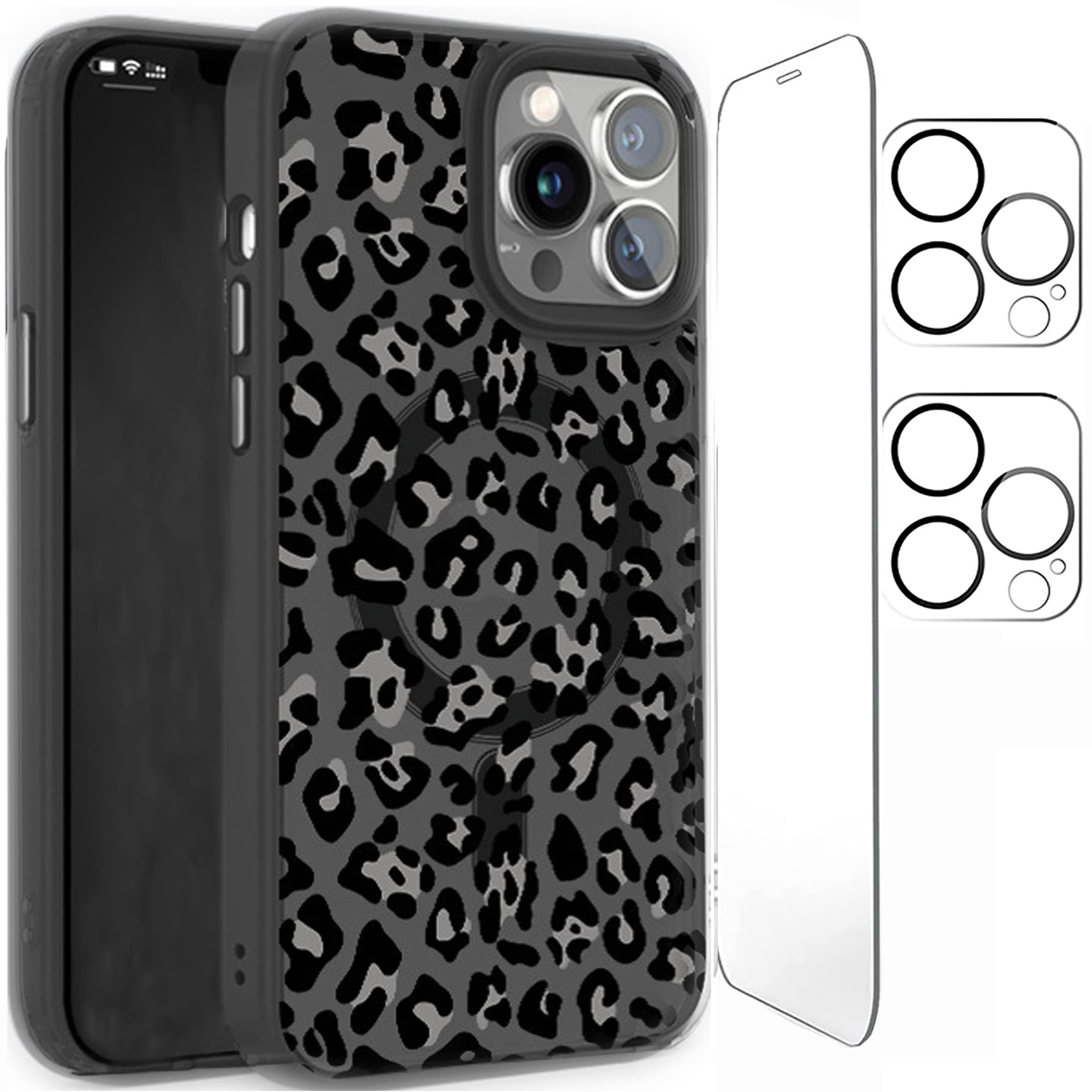 XUNQIANMagnetic Case for iPhone Compatible with MagSafe Shockproof Leopard Protective Cover with Screen Protector and 2 Camera Lens Protector