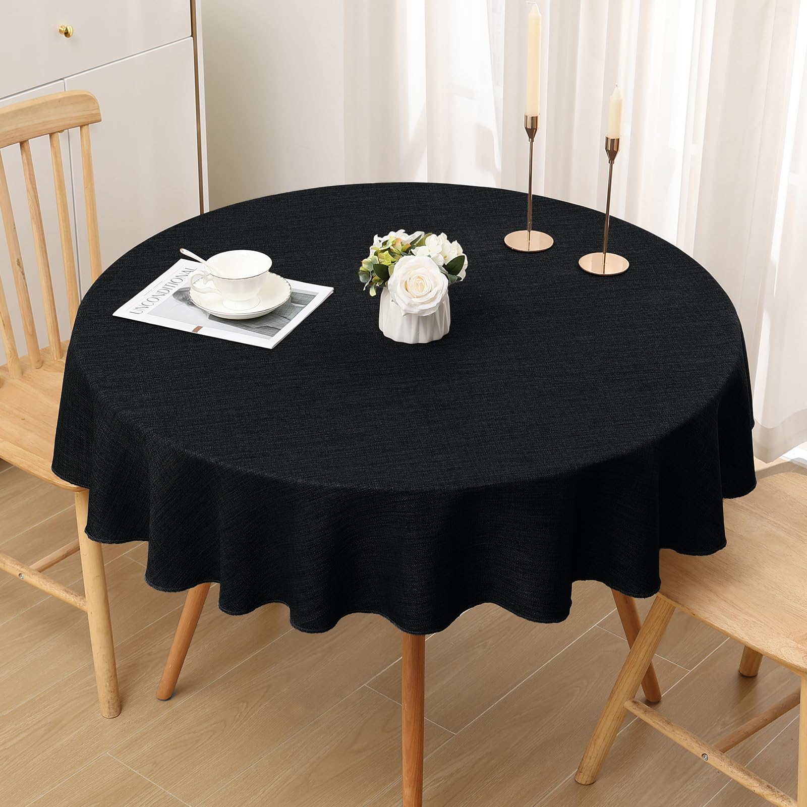 smiry Linen Table Cloth Rectangle Round 140 cm Wipe Clean Tablecloth Water Resistant Table Cover for Kitchen Party Decorations - Black