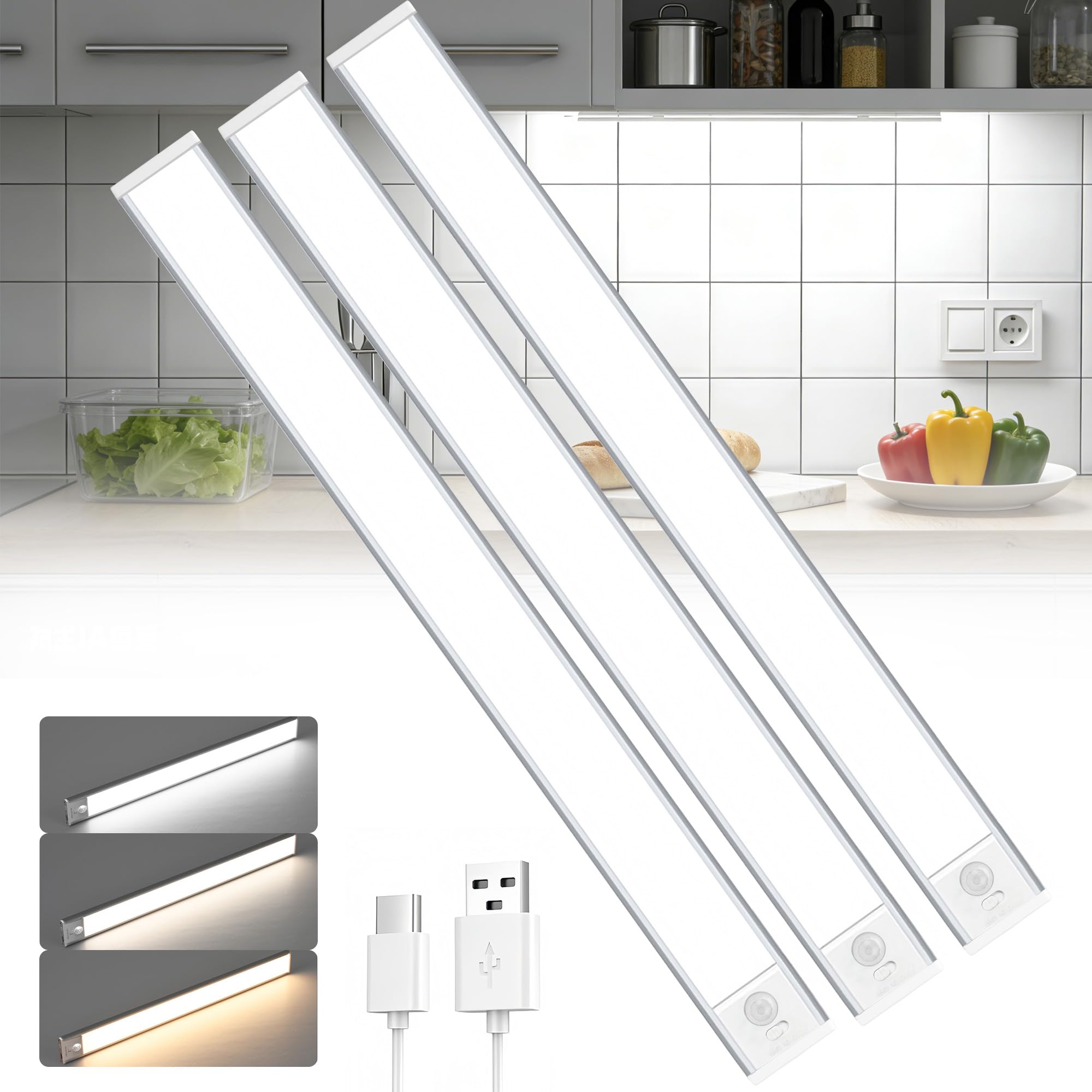 3PZ 40cm Luce Notturna Sensore Movimento 3 Modalità, Barra LED Ricaricabile USB 2200 mAh, 3 Colori Dimmerabile, Luce Magnetica Senza Fili per Cucina, Armadio, Bagno