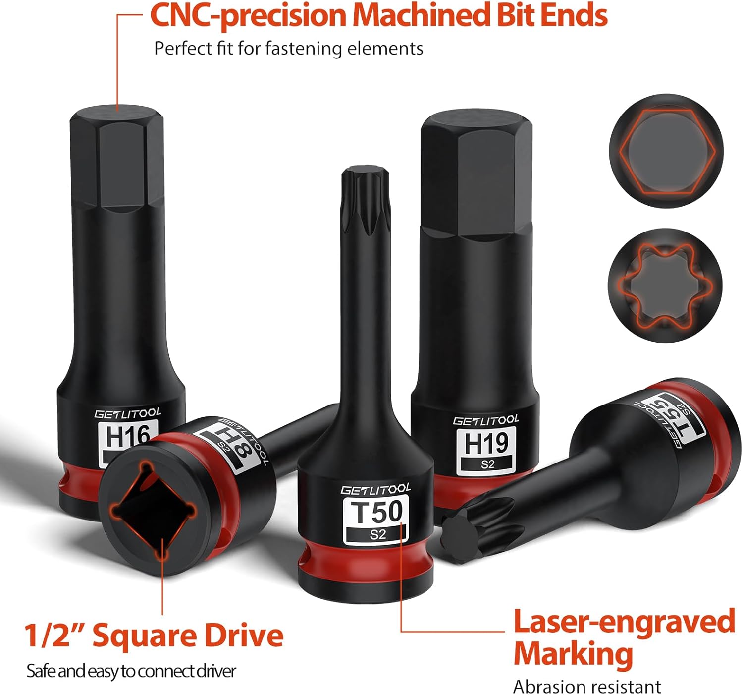 GETLITOOL 20Pcs Impact Allen Bit Socket Set, 1/2" Drive S2 Steel Hex & Torx Bit Sockets with Size-marked and Storage Case for Car Repair, Mechanical Maintenance, 5mm-19mm & T20-T80, Tools for Men