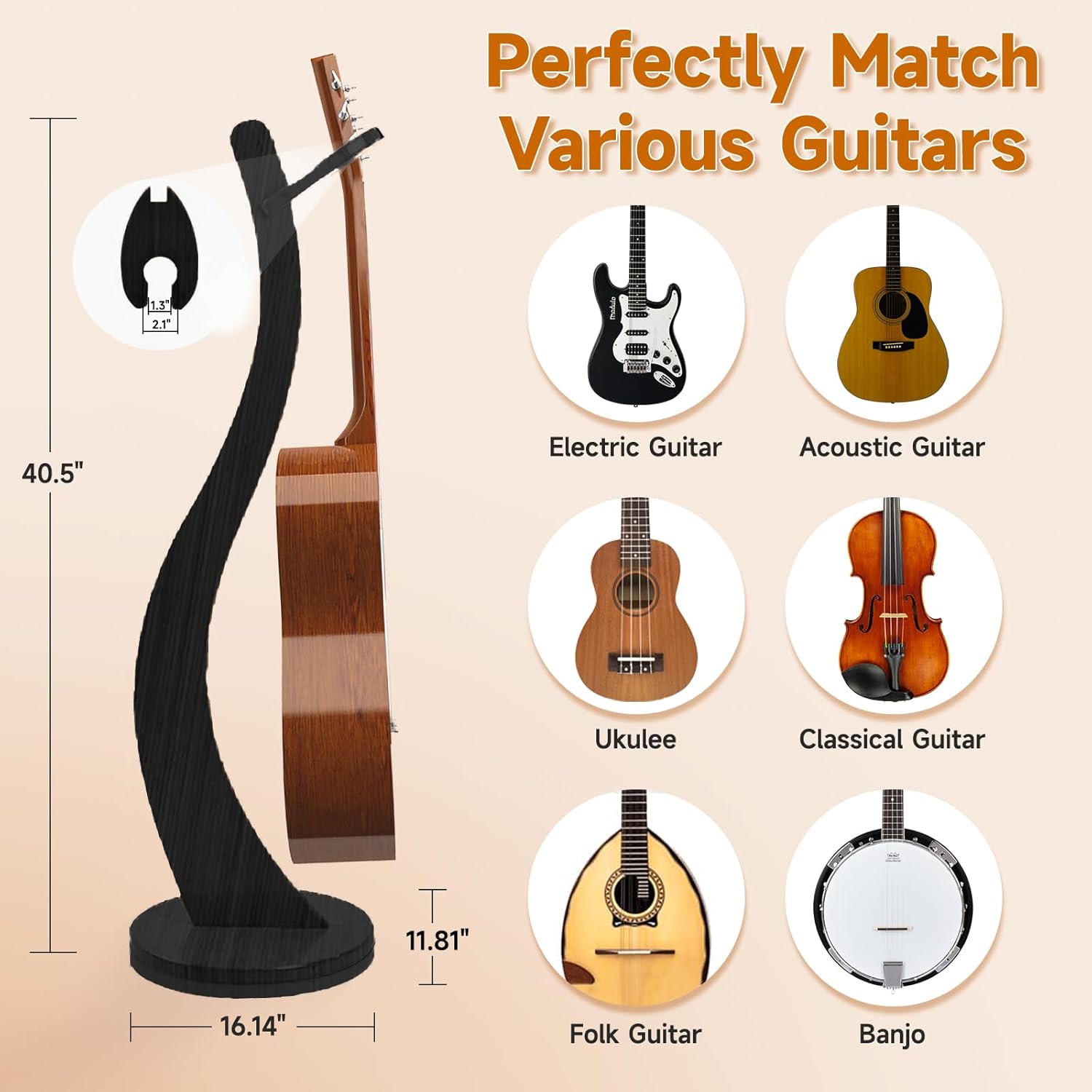 Wooden Guitar Stand Floor - Handmade Bamboo Guitar Music Stands for Acoustic Guitar Players, Wood Guitars Holder with Hanger for Electric Guitar, Banjo (Black)