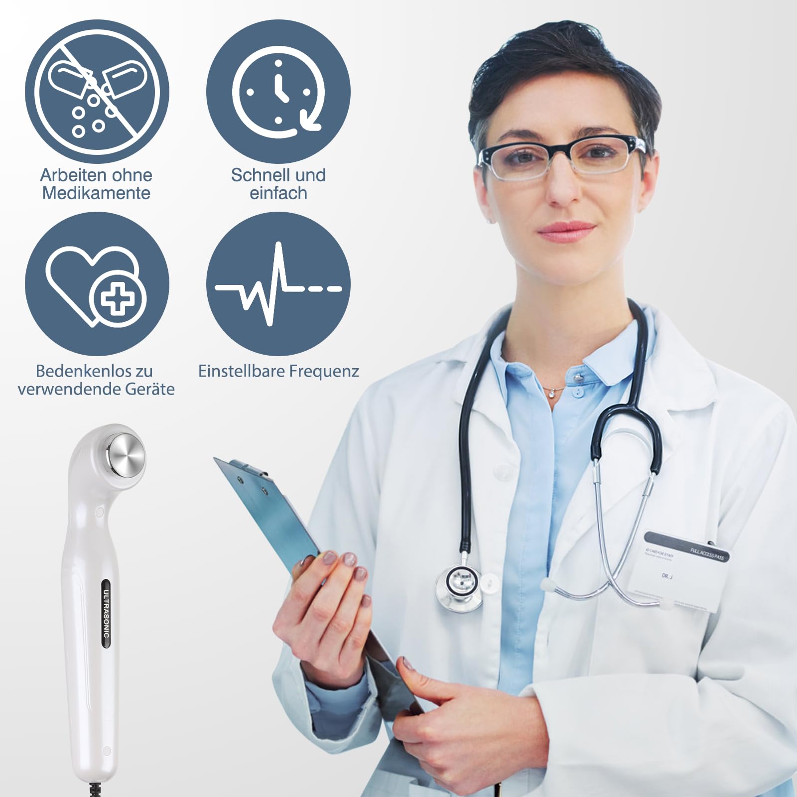 Tragbares Ultraschallgerät für Schmerztherapie & Arthrose - Ultraschall - Massagegerät für Zuhause mit CPU-Steuerung gegen Gelenk, Muskel & Rückenschmerzen (inkl. Adapter & Kopplungsgel)