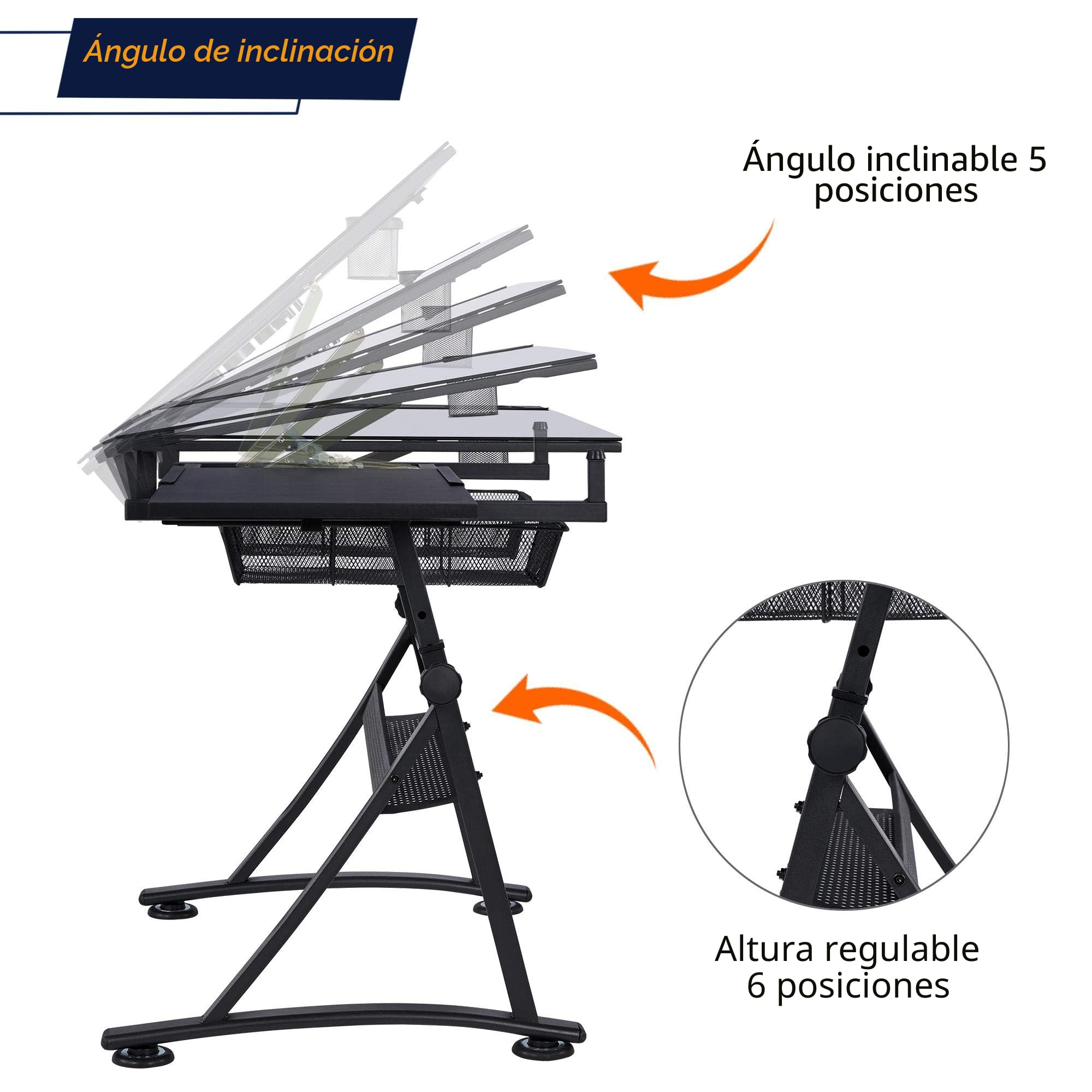 Yaheetech Mesa de Dibujo Reclinable con Taburete Mesa Inclinable Altura Ajustable con Bandeja de Cristal y 2 Cajones para Casa, Oficina, Escuela 141 × 60 × 91 cm