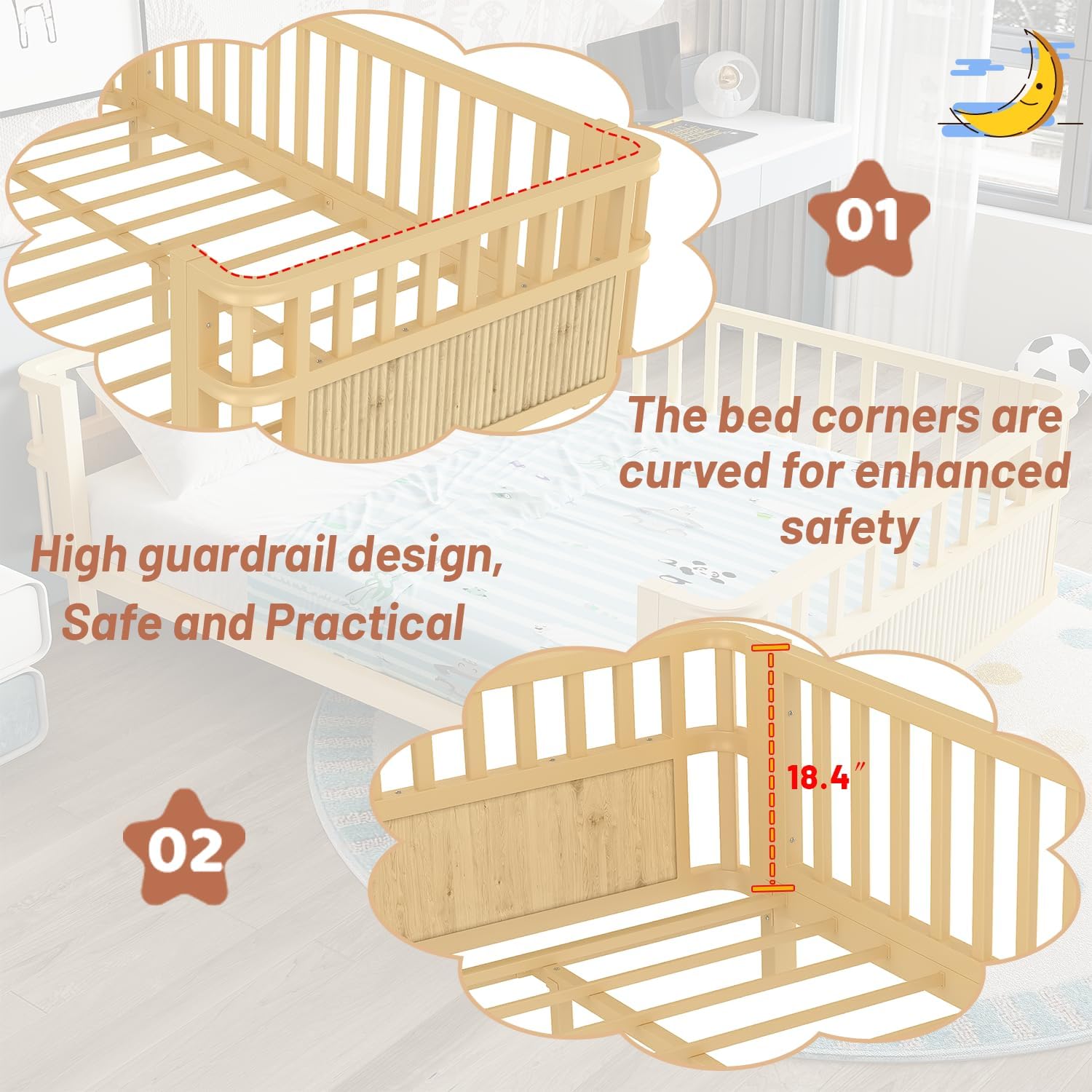 Full Size Bed Frame Kids, Low Profile Montessori Bed Full with Rails, Metal Daybed for Girls & Boys, No Spring Box Required, No Squeaks, Natural