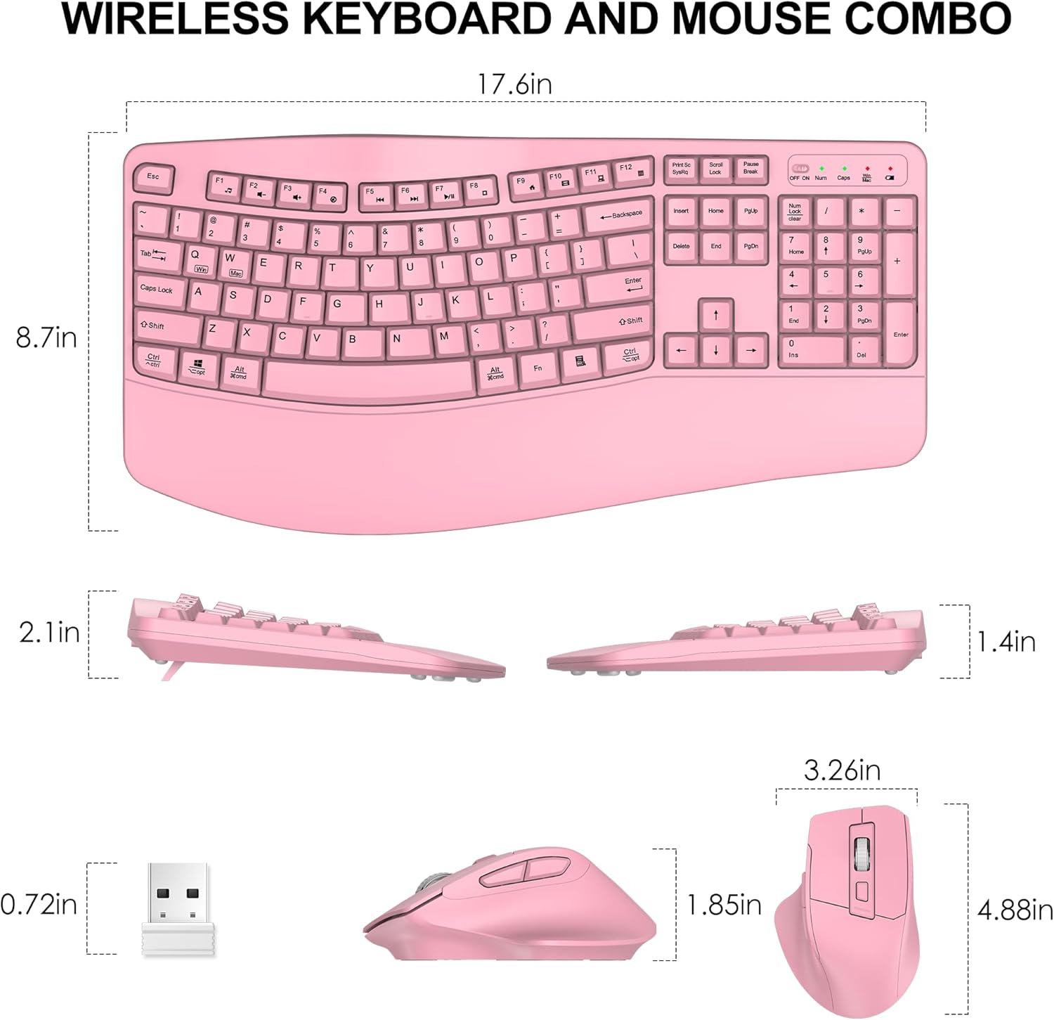 Wireless Keyboard and Mouse Combo, 2.4G Full Size Wave Keys Ergonomic Keyboard with Wrist Rest and 3-Level DPI Adjustable Wireless Ergonomic Mouse for Windows, Mac OS Desktop/Laptop/PC(Pink) - Image 8