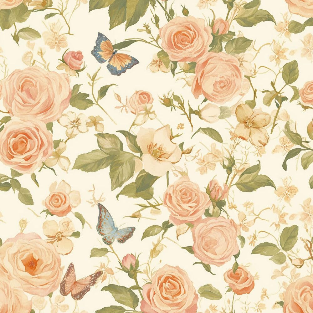 JIAOQSS Self Adhesive Wallpaper Boho Roses Floral Stick on Wallpaper Butterfly Orange Blue Yellow Flowers Thick Vinyl Wrap Waterproof Retro Removable Living Room Bedroom