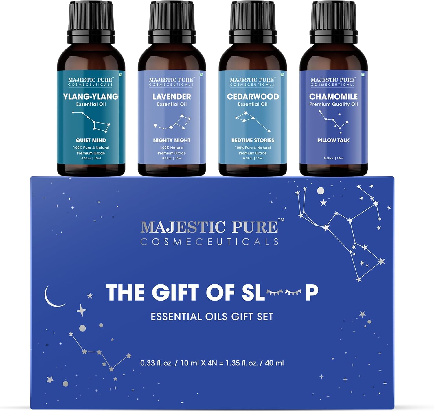 Majestic Pure, Restful Night Essential Oil Gift Set | 100% Pure & Natural Set for Soothing Nighttime and Self-Care Rituals | Lavender, Ylang Ylang, Cedarwood, Chamomile – Pack of 4