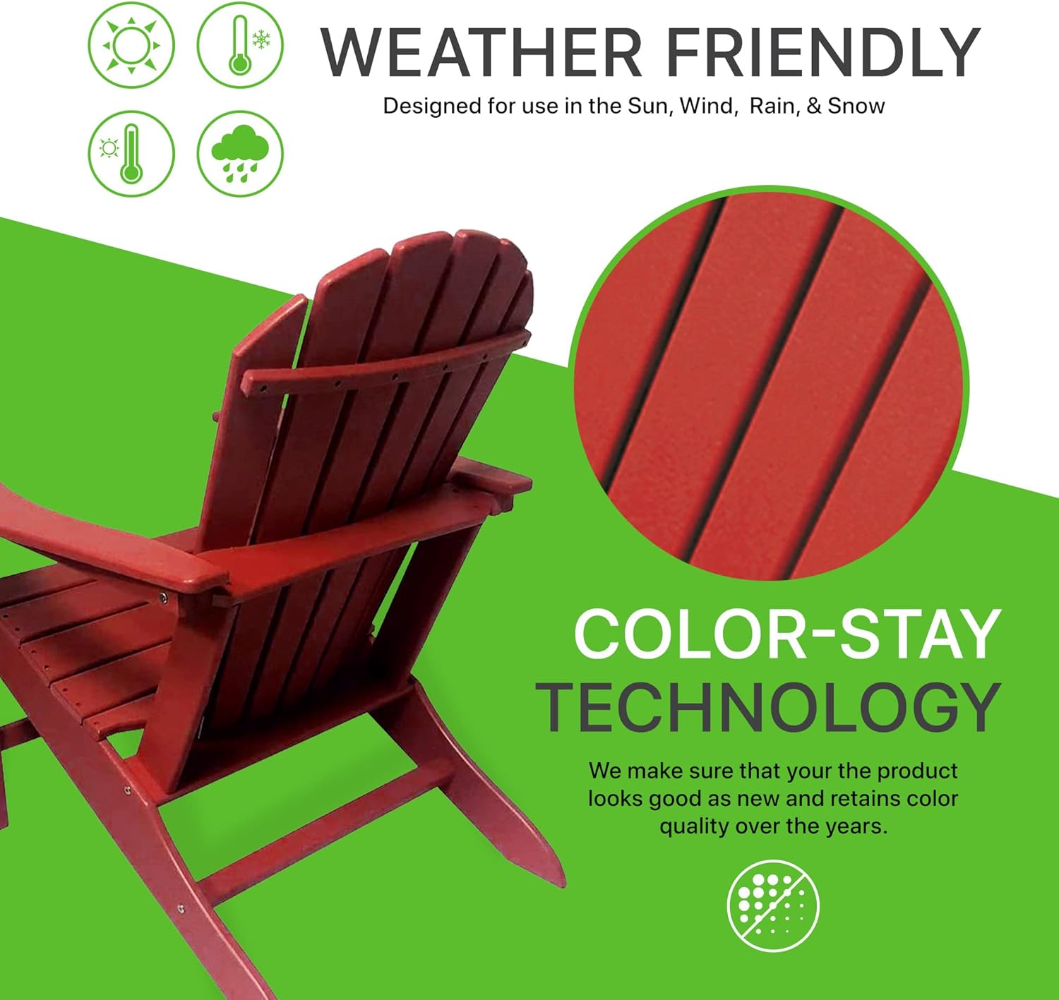 NewTechWood Atlantic Classic Curveback Plastic Weather Resistant Patio Adirondack Chair, Easy Installation, Widely Used in Outdoor, Fire Pit, Deck, Lawn, Outside, Garden Chairs (Ruby Red)