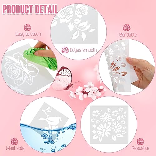 Miniatura 4 de 60 Pcs 6x6 Inch Flower Stencils for Painting on Wood Reusable Floral Stencils Bird Wall Stencil Butterfly Leaf Drawing Template DIY Craft Summer