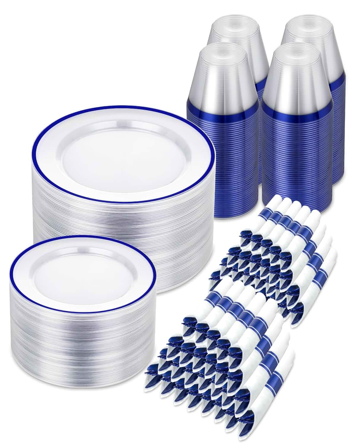 BESTSTAR 700PCS Clear and Blue Disposable Plastic Plates Set for 100 Guests Plastic Blue Plates, Include 200 Plastic Plates, 100 Cups, 100 Pre-Rolled Napkins with Cutlery for Graduation Birthday Party