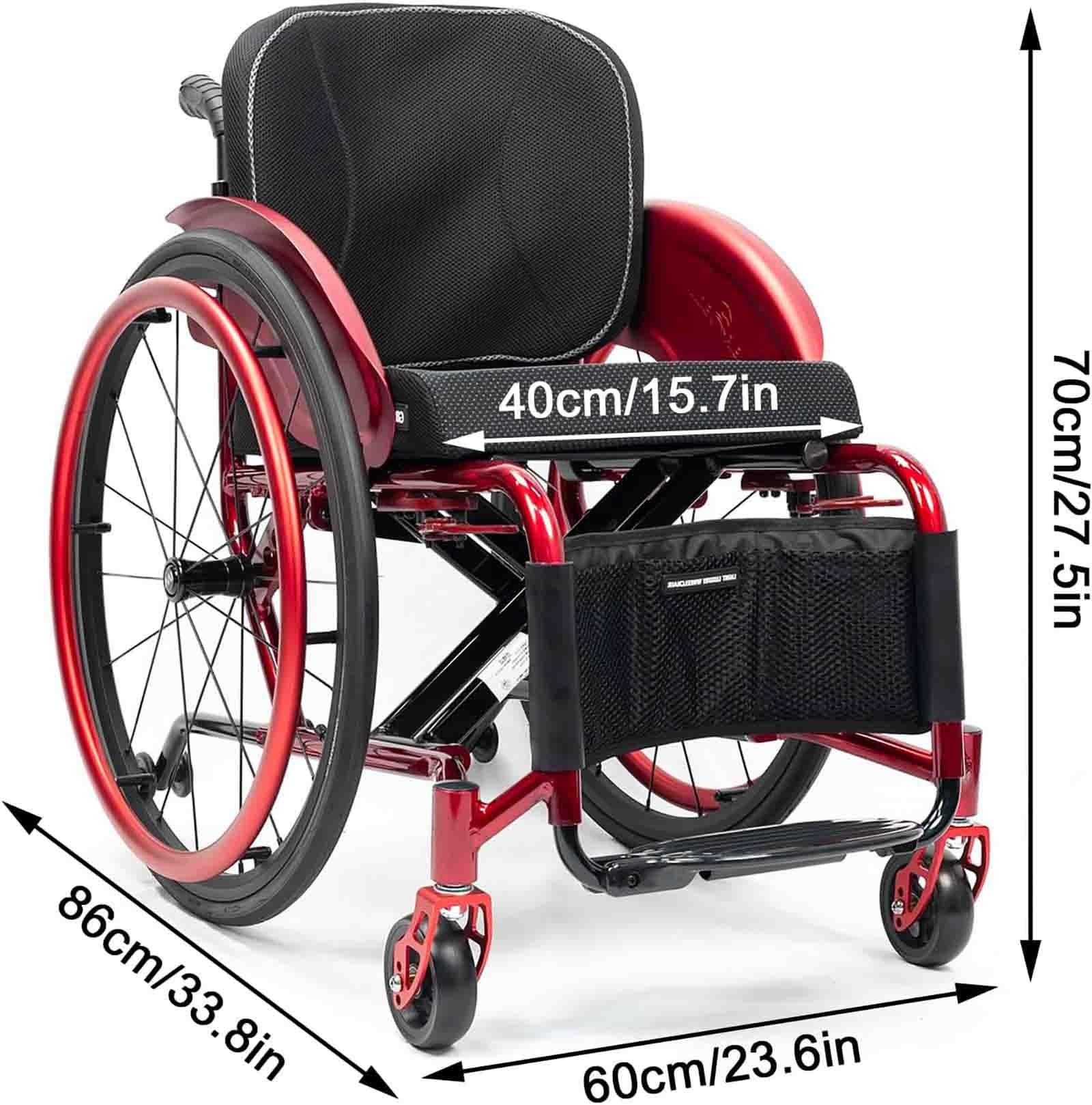 Wózek inwalidzki sportowy, lekki, składany, samojezdny, sterowany ręcznie, z szybkozłącznymi tylnymi kołami (czarny, szerokość siedziska 40 cm/15,7 cala)
