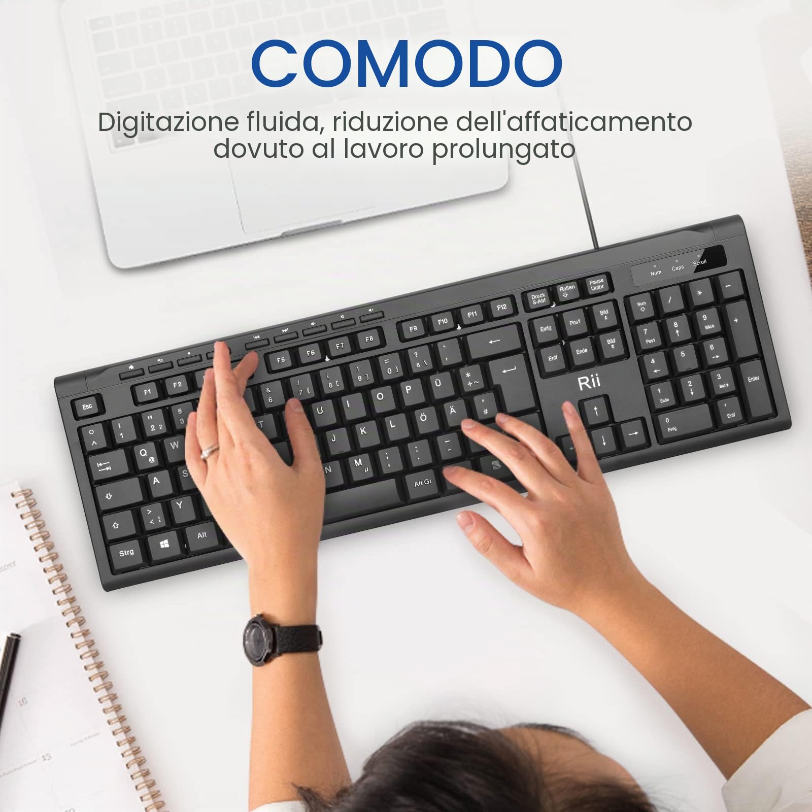 Rii RK907 Wired Tastiera USB per Mac/PC/Tablet/Windows/Android/Microsoft, Layout Tedesco QWERTZ, Nero