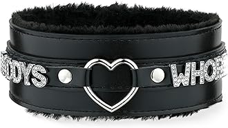 Pink Furry Heart O-ring Leather Choker Collar For Women, Handmade Punk Gothic Letter Necklace Adjustable Fashion Jewelry