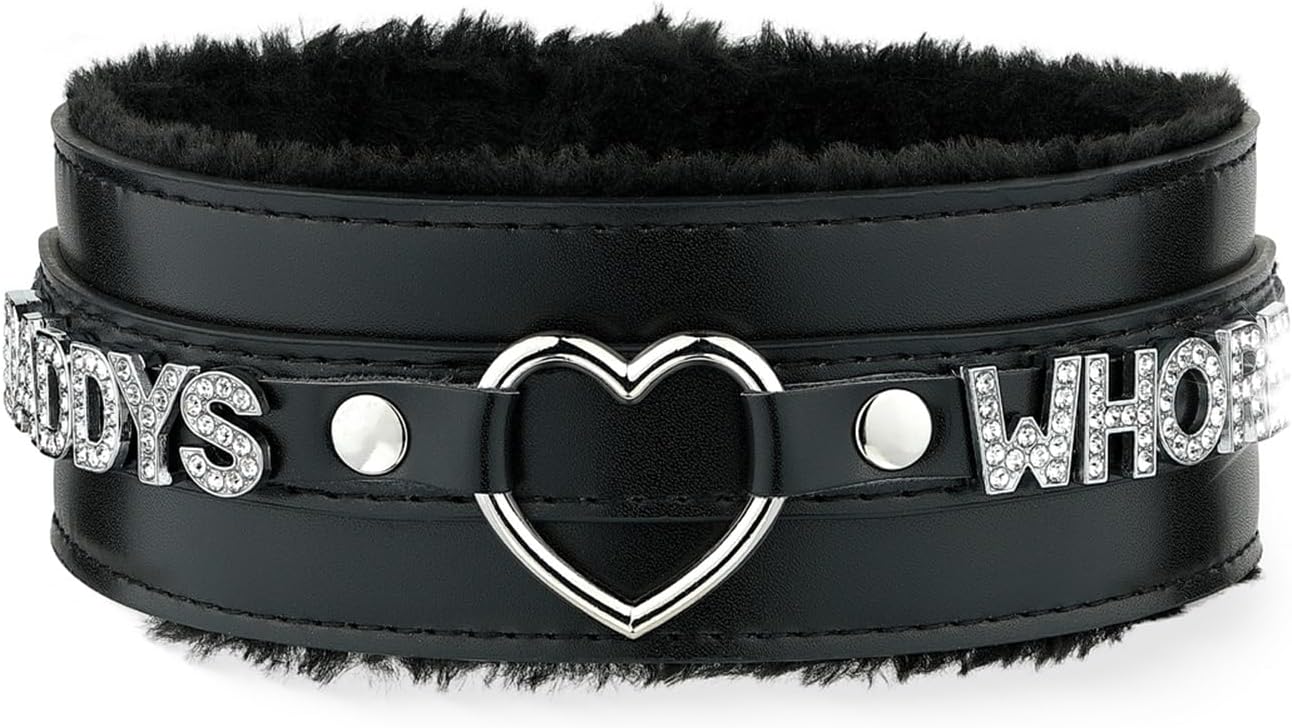 Pink Furry Heart O-ring Leather Choker Collar For Women, Handmade Punk Gothic Letter Necklace Adjustable Fashion Jewelry
