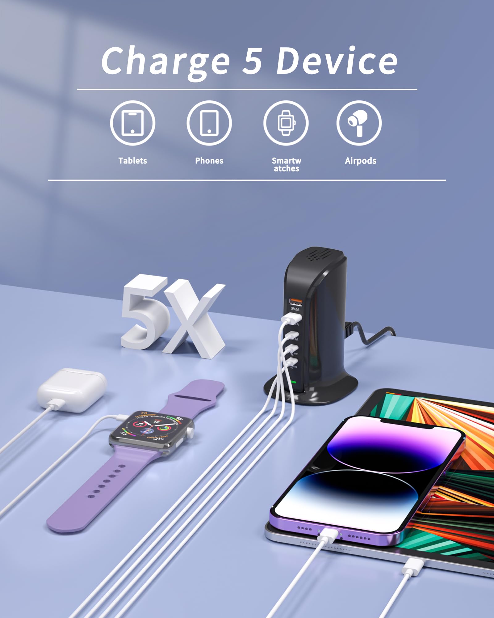 VPSUN USB C Charging Station for Multiple Devices,55W Multiport USB Tower Charger,5 Port USB C Wall Charger Block for iPhone,iPad,Samsung (Black)