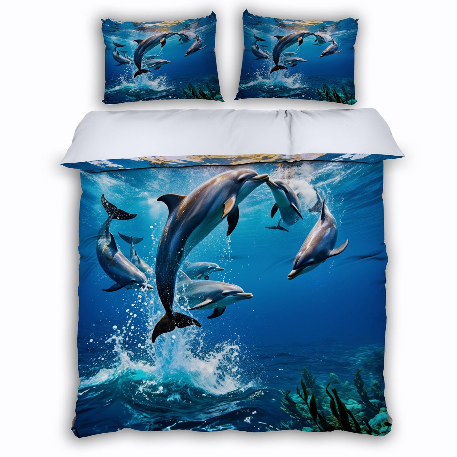 Housse de couette dauphin 140x200 cm avec taie d'oreiller marine en microfibre douce pour lit enfant