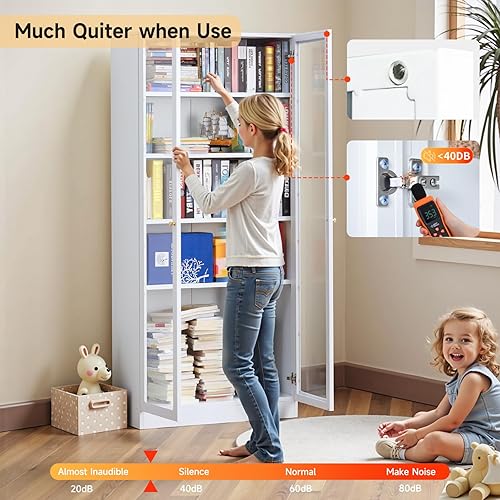 Vista 4 de IRONMIX Estantería moderna con puertas y estantes, estantería de metal de 70.87 pulgadas de alto, estantería alta, gabinete vitrina de 5 niveles