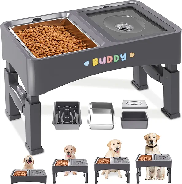 Decflow 3-in-1 Elevated Dog Bowls, 4 Height Adjustable Raised Dog Bowls with Stainless Steel Dog Food Bowls, Slow Feeder, No Spill Water Bowl, DIY Stickers Foldable Pet Bowl for Medium Large Dogs