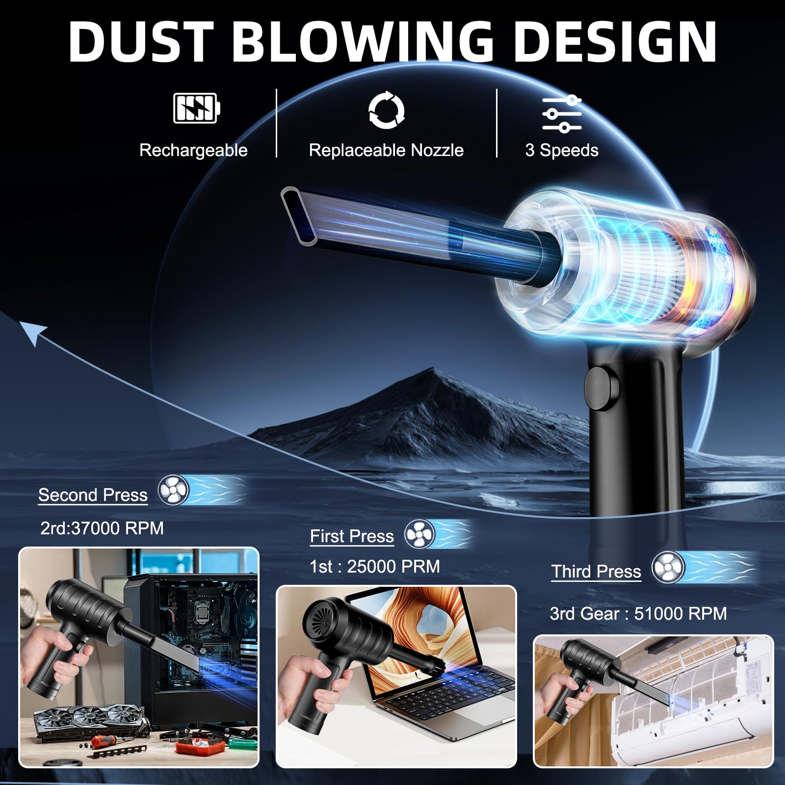 Compressed Air - 3-Gear to 51000RPM, Type-c Fast Charge & Long Lasting Battery, Air Duster for Computer Cleaning, Dust, Crumbs, Scraps, Black
