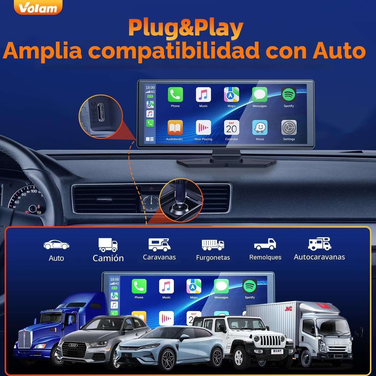 Volam Inalámbrico Carplay Pantalla Coche,Para Apple Carplay&Android Auto,9.26 Pulgadas Pantalla táctil IPS Pantalla, Automóviles Radio de Car Audio Bluetooth music/Mirror Link/GPS Navigation for Coche