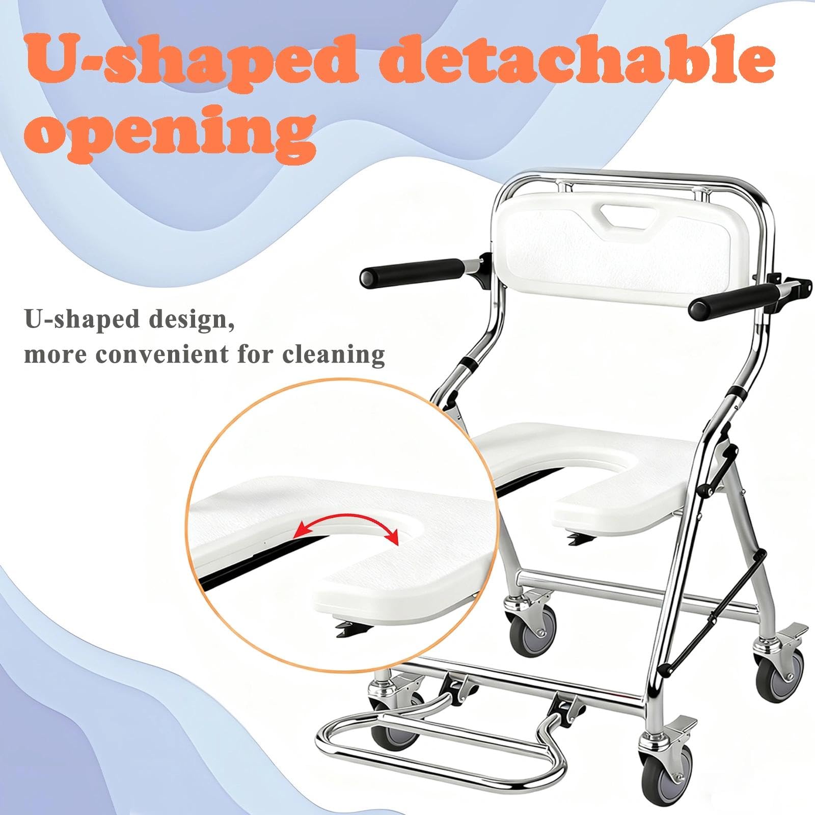 Sedia da Doccia con Rotelle, Sedia WC Doccia con Rotelle Pieghevole, Bianco Sedia da Toilette Mobile per Malati, Disabili e Incinte, Sgabello Doccia con Braccioli e Schienale, Carico 120 kg