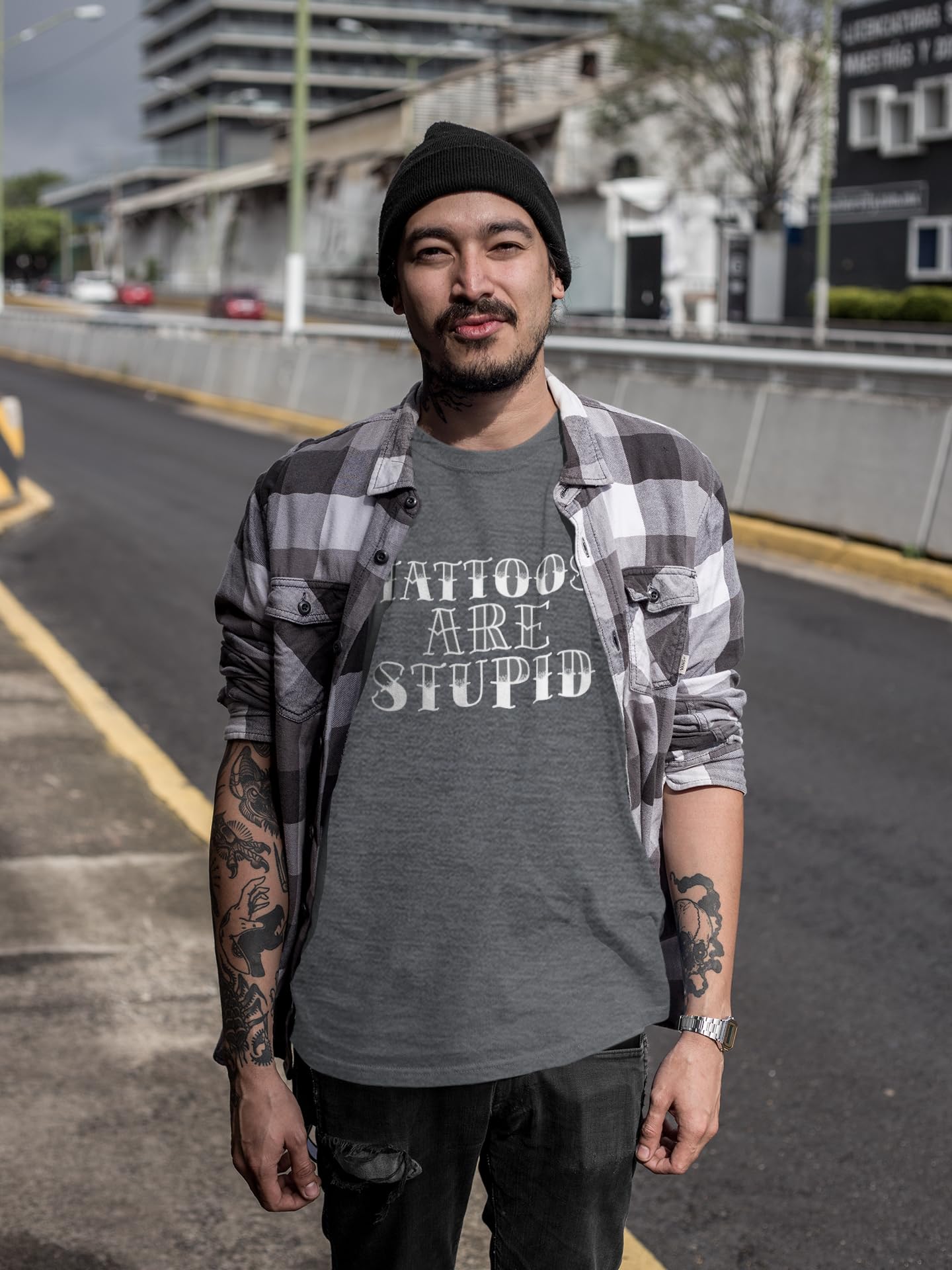 shop4ever® Tattoos are Stupid Sarcástico Humor Camiseta, Jaspeado Oscuro, XL