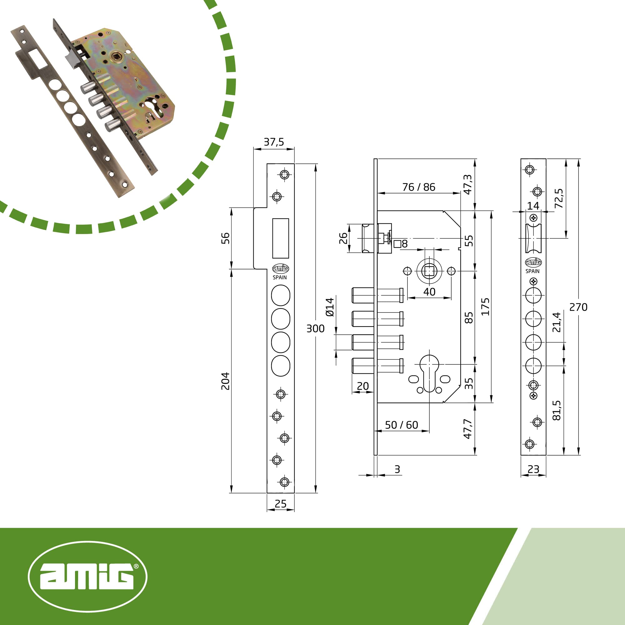 Amig - Cerradura de Embutir Con Bulones para Puertas de Madera Mod. 100-50/85 mm - Con Cilindro y Escudo de Seguridad - Picaporte Reversible - Acero Efecto Cuero