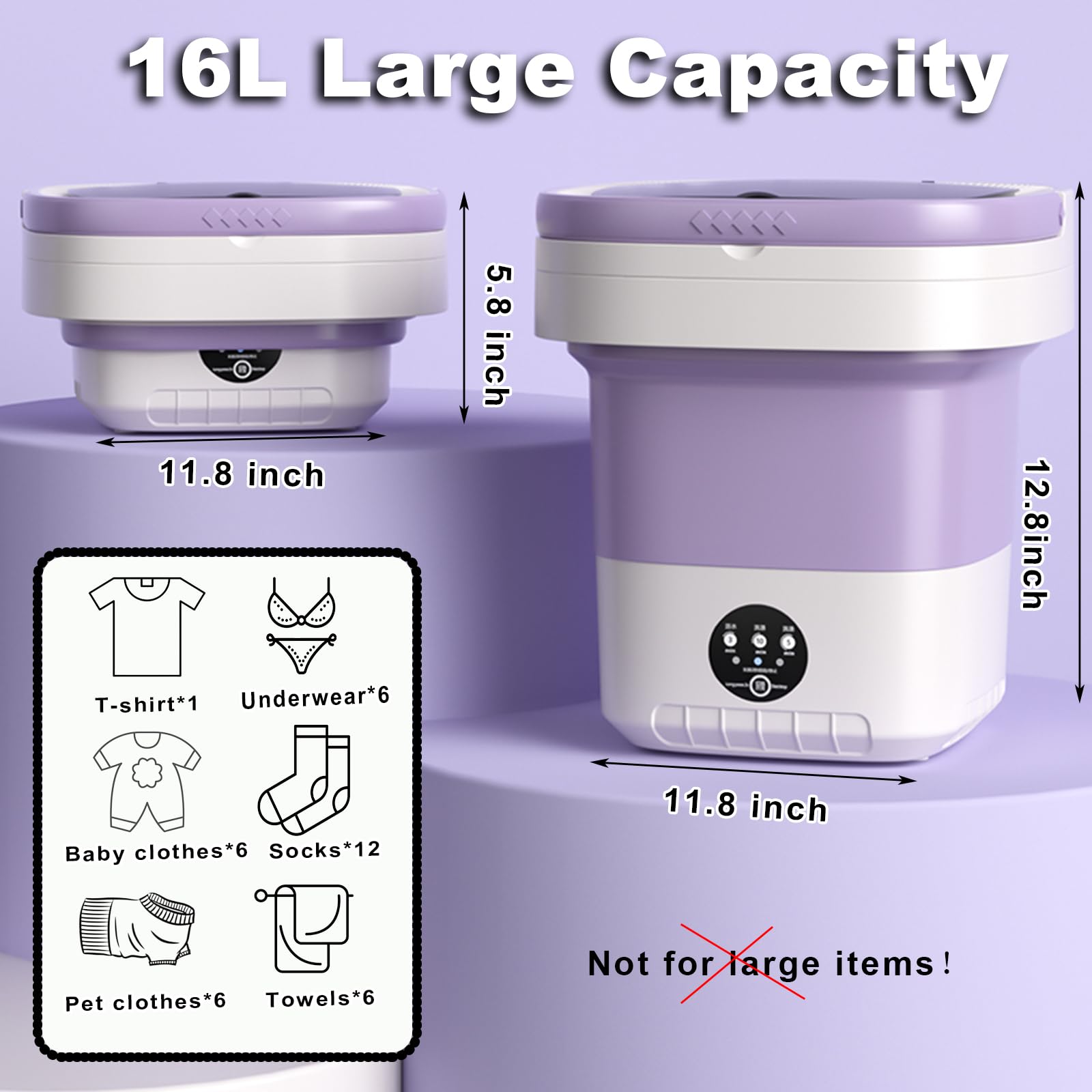 Lavadora portátil, mini lavadora plegable de 16 litros con centrifugado, pequeña lavadora y secadora plegable para ropa interior, ropa de bebé, caravana, apartamento (morado)