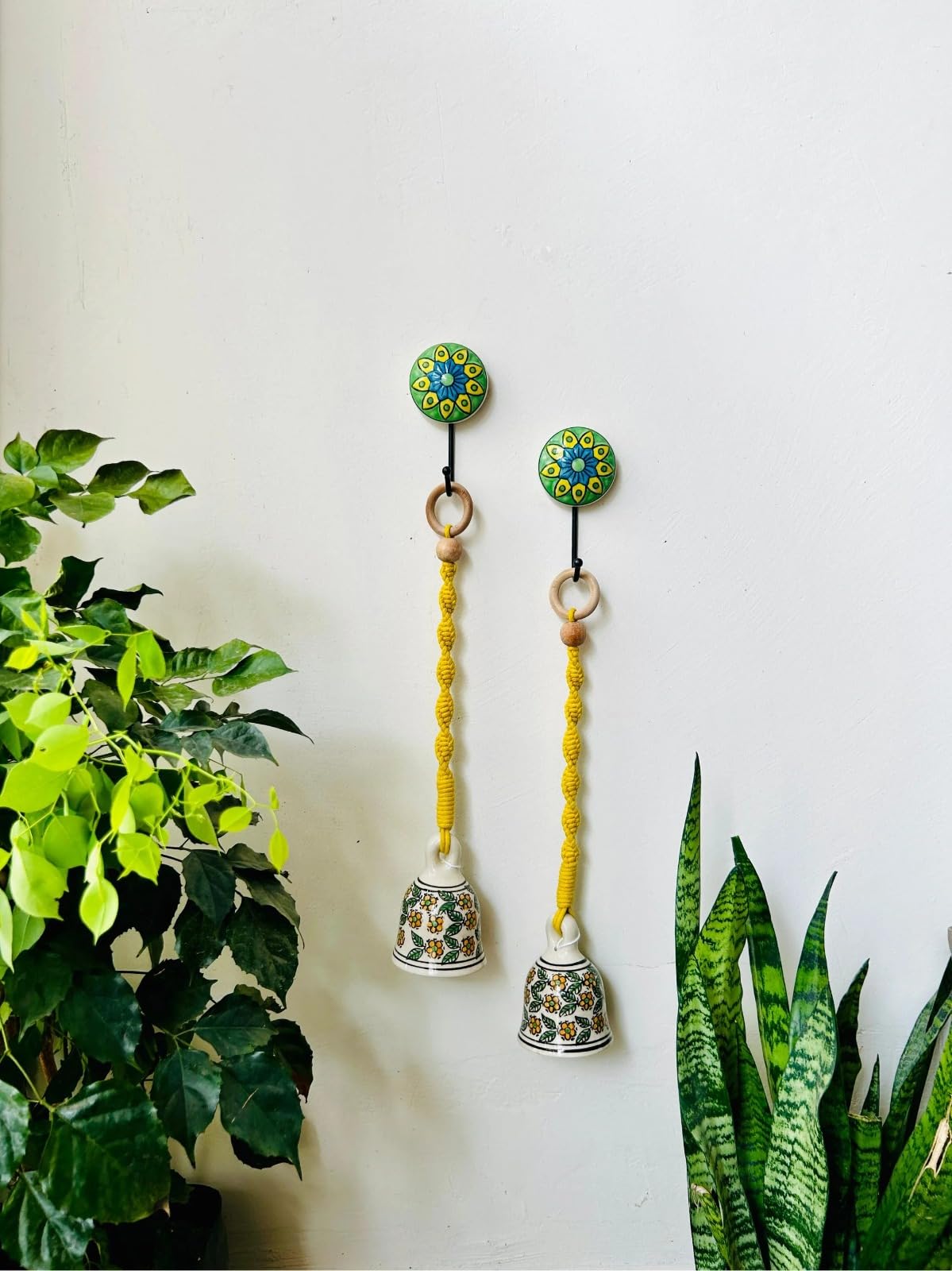 RHD Macrame with Ceramic Bell Hanging Ornament and Hooks | Boho Macrame Design Wall Decoration for Diwali, Home, Balcony | (Set of 2, Yellow)-image-35