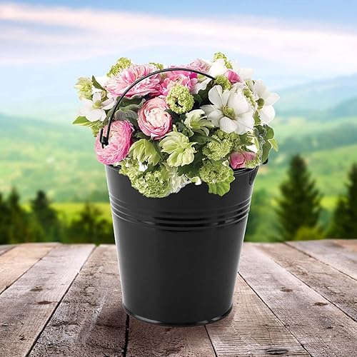 Miniatura 7 de TAICHEUT Paquete de 15 cubos negros pequeños galvanizados, cubos de metal con asa, cubo pequeño para fiesta, para flores, dulces, aperitivos y
