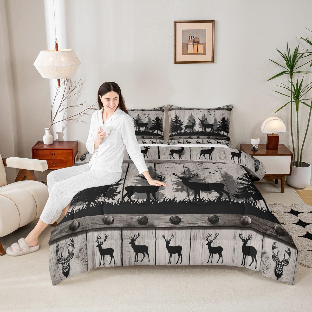 Feelyou Moose Print Comforter Set Queen Size Rustic Cabin Bedding Set for Kids Boys Girls Wildlife Hunting Duvet Quilt Forest Bedroom Decor Microfiber 3 Pcs with 2 Pillow Cases
