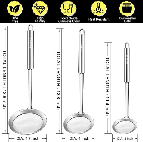 Miniatura 6 de Anaeat Cuchara de acero inoxidable para desnatar grasa, juego de 3 coladores profesionales de malla fina para alimentos y espumadera de olla